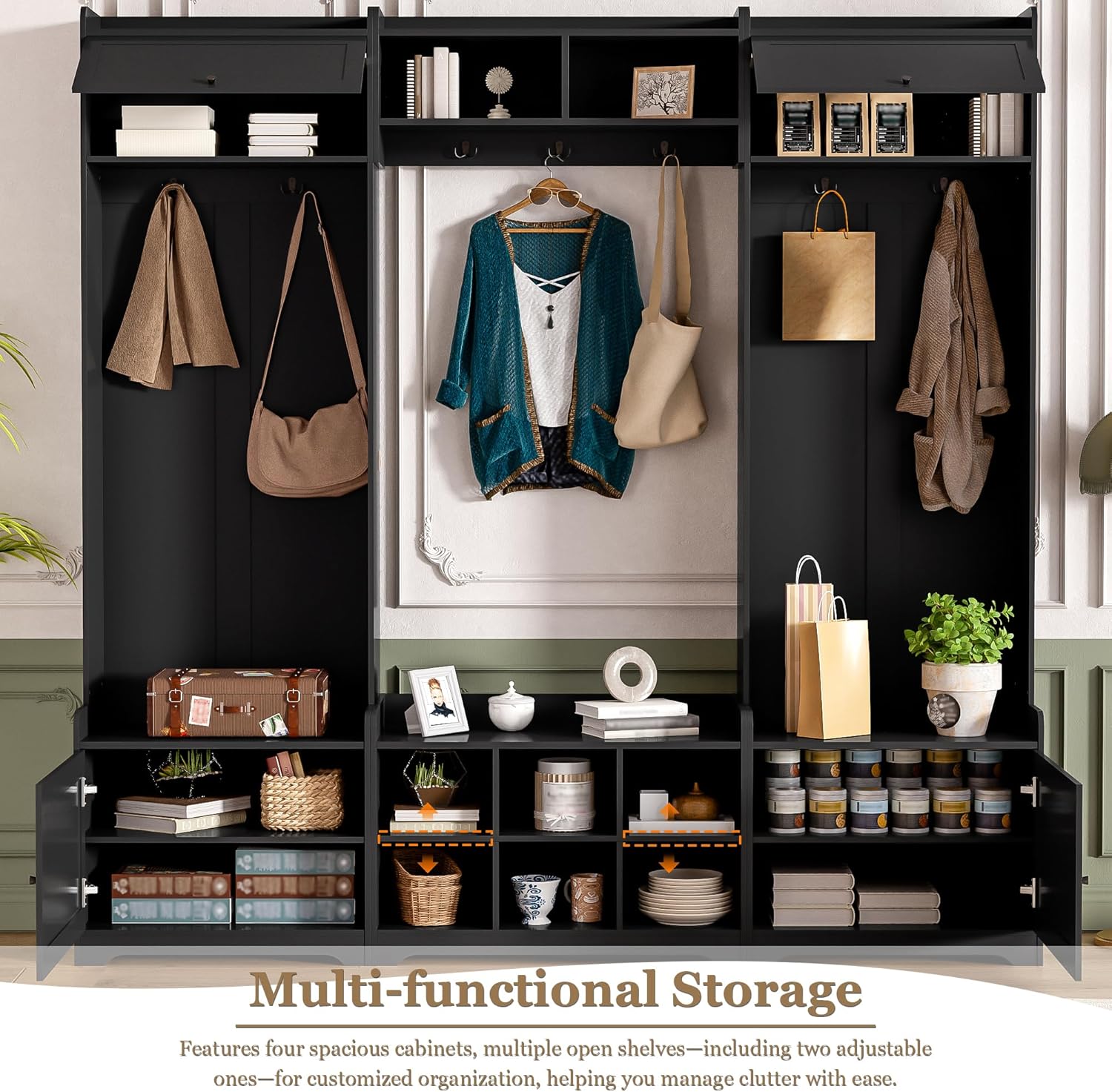 Merax Hall Tree with Shoe Storage, 4-in-1 Entryway Bench with Coat Rack & Adjustable Shelf & Top Storage for Hallway, Black