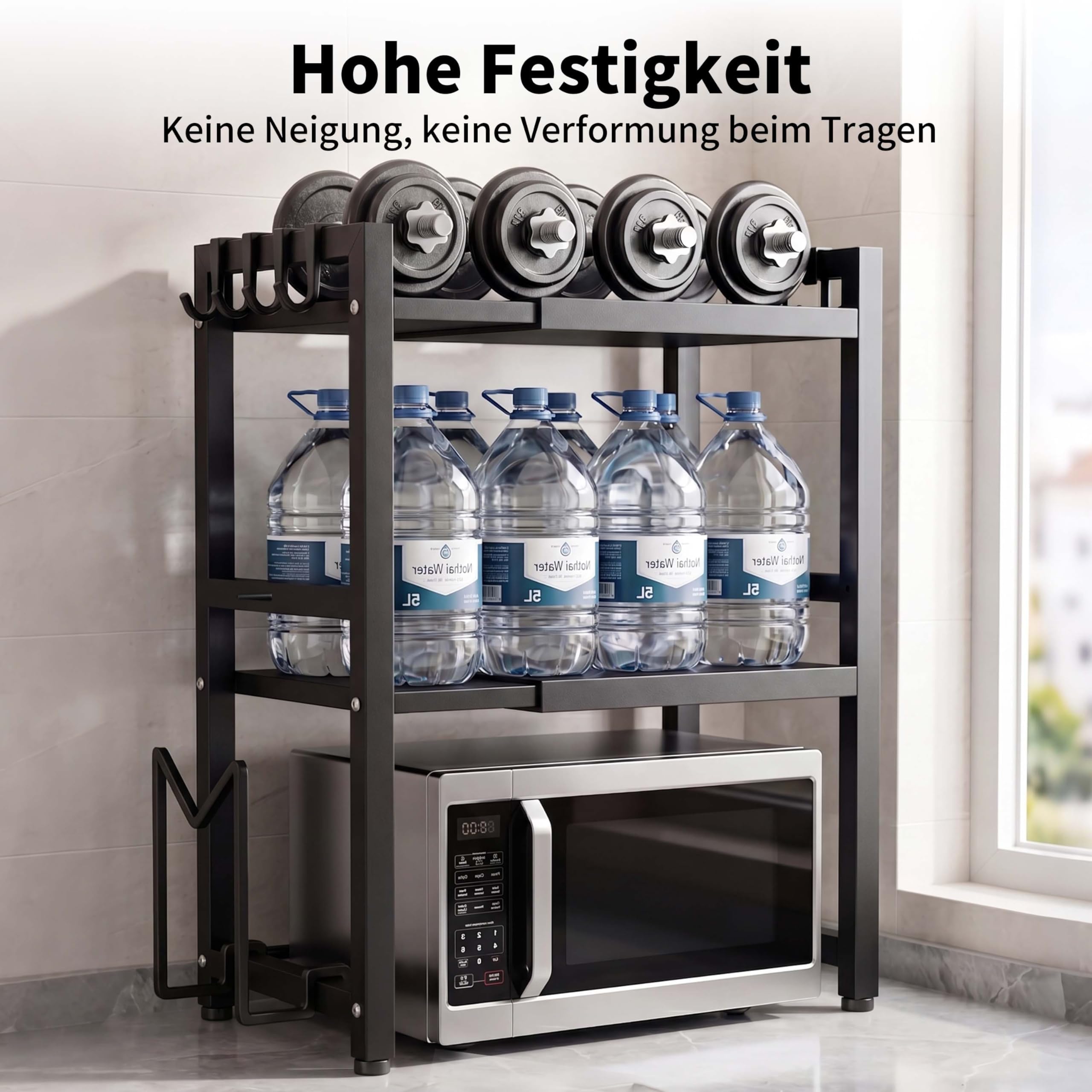 Erweiterbares Mikrowellen Regal 3 Stufig, Bäckerregale mit Haken, Kitchen Organizer Shelf für Küchenaufbewahrung, 3-stufiges Gewürzregal, Küchenregal Stehend für Backofen (Schwarz VP3, 3-Stufig)