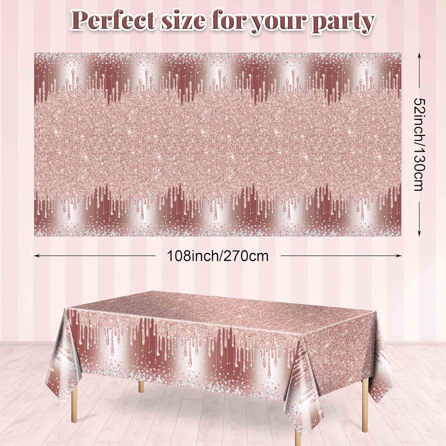 3 Pcs Pink Rose Tablecovers Glitter Diamond Tablecloth Girl Party Glitter Table Cloth Sequin Printed Plastic Tablecloths for Valentine Girl Wedding Graduation Anniversary Indoor Outdoor, 52 x 108 inch