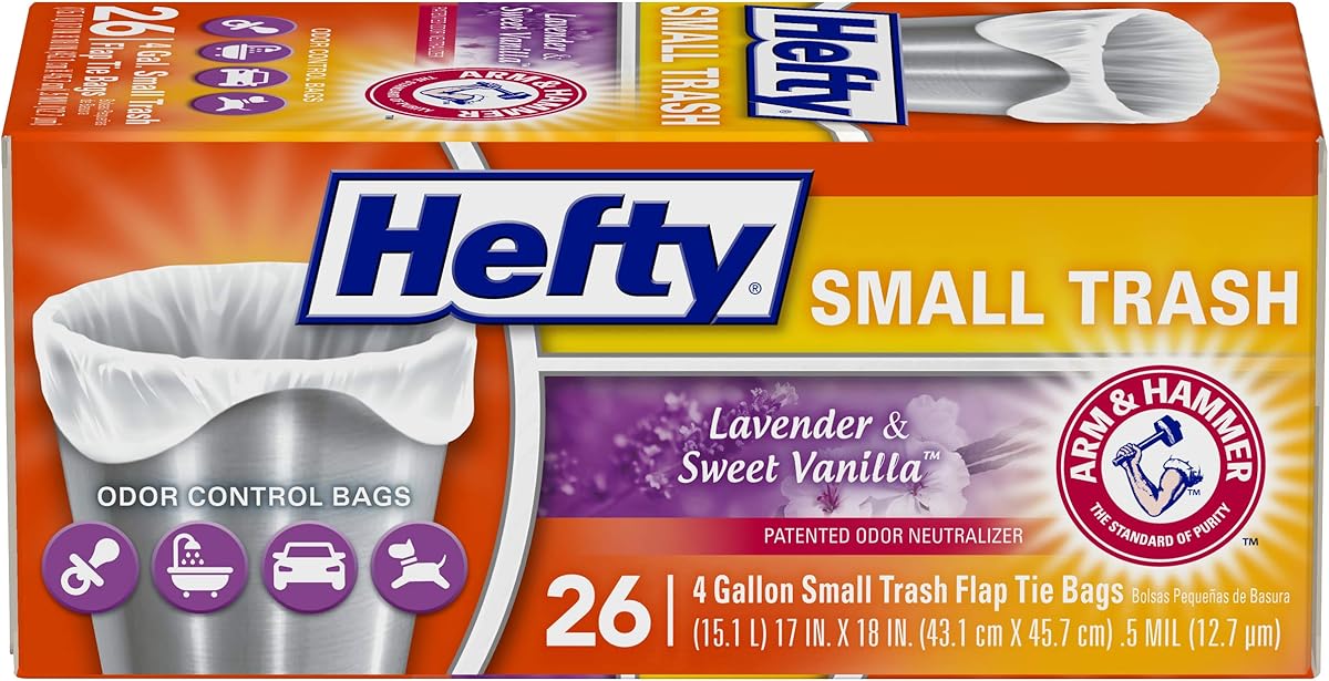 Hefty Small Garbage Bags, Flap Tie, Lavender & Sweet Vanilla Scent, 4 Gallon, 26 Count : Everything Else