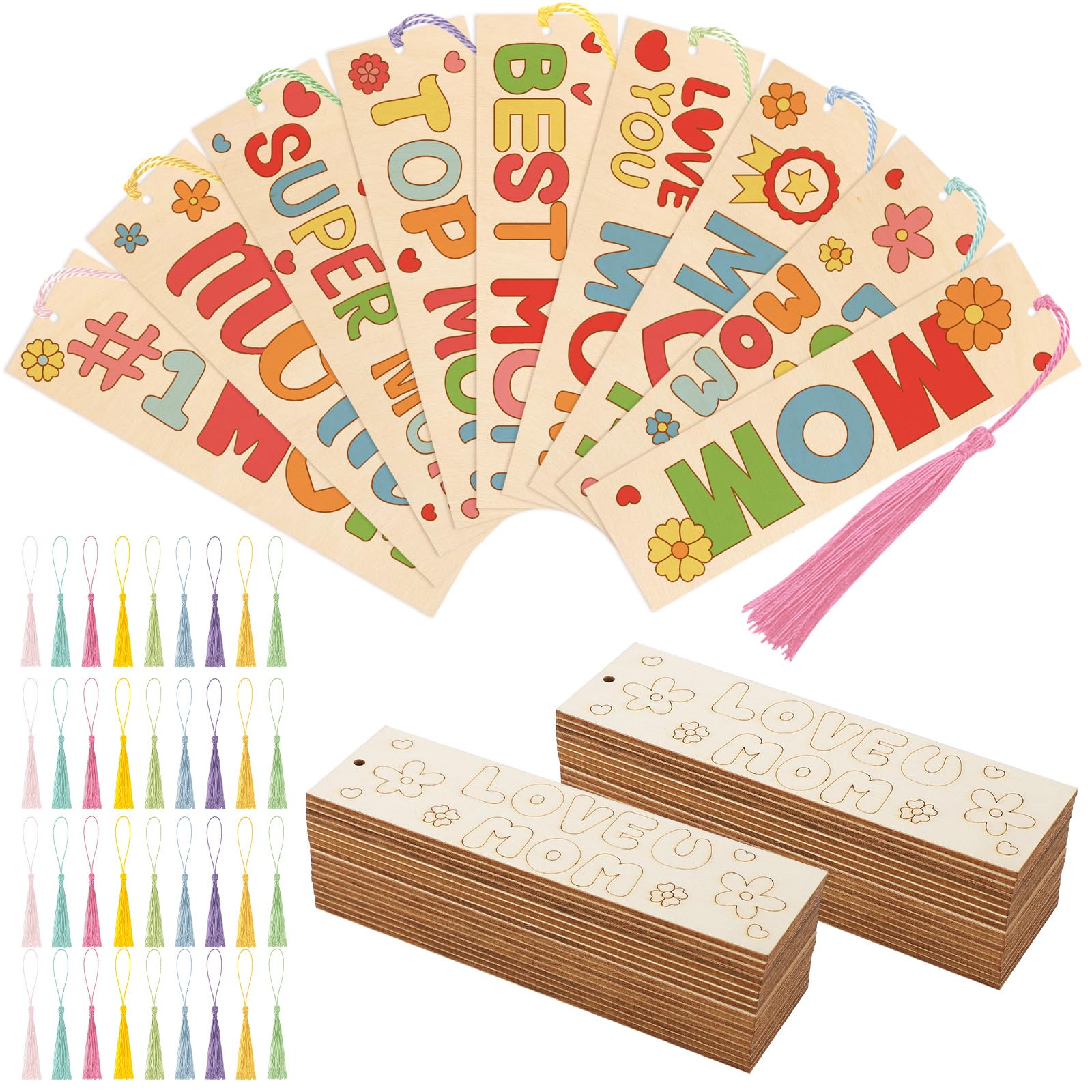 36 Pcs Color Your Own Mother's Day Bookmarks for Kids DIY Mother's Day Gifts Wooden Blank Bookmarks Bulk with Hanging Tassel for for Mother's Day