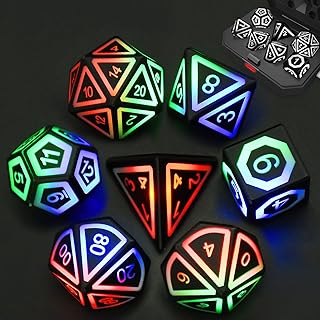 HTPOW Light up LED Dice Set of 7 USB Rechargeable Light Up DND Dice with Charging Box, Shake to Glowing Dice for Role Playing Dice Tabletop Games