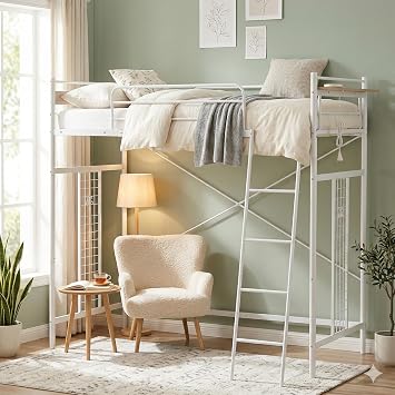 Loft Bed, Single Steel, Heavy Duty, Pipe Bed, With Outlets, Width 77.8 inches 196 cm x Length 37.8 inches 96 cm, Ladder Included, Space Saving, For Adults, Kids Room, New Life, White