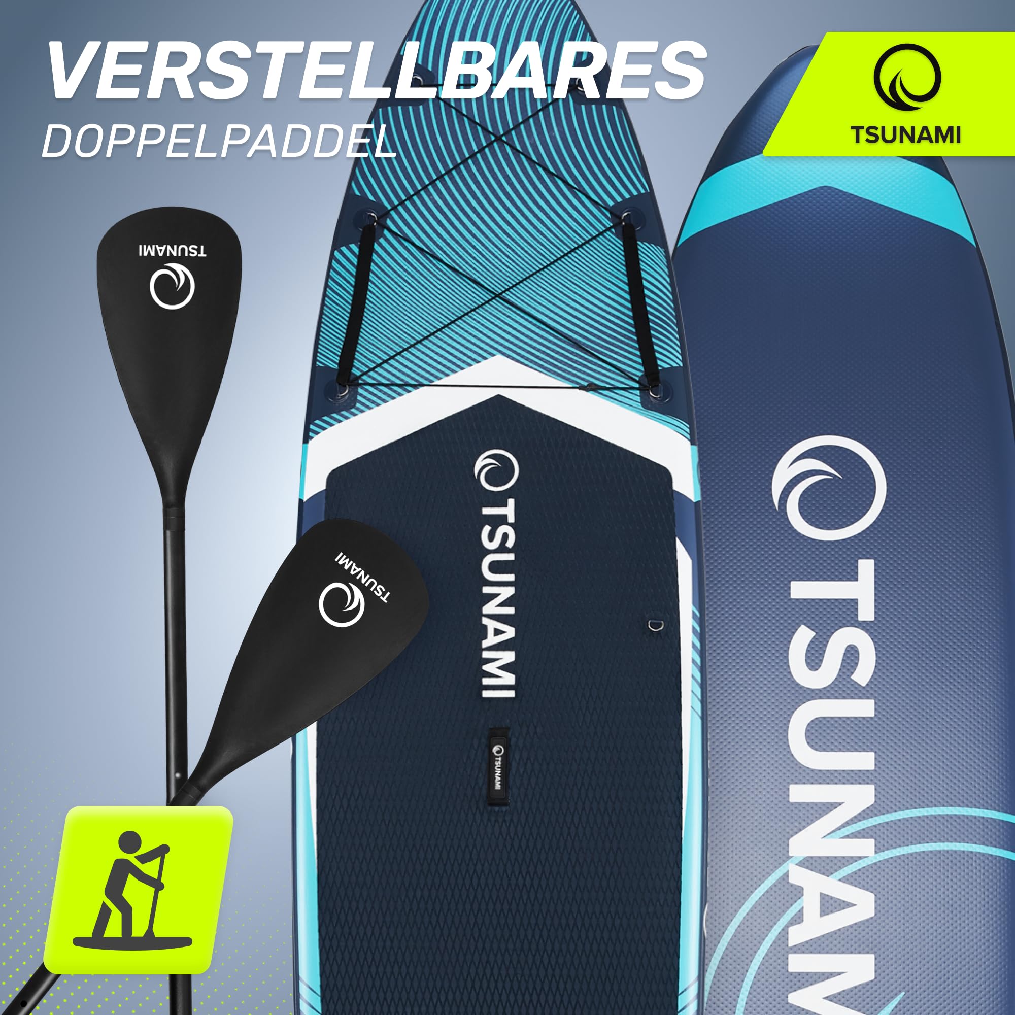 TSUNAMI Stand Up Paddling Board PRO, SUP-Board mit Komplettes Zubehör, Pumpe und Sicherheitsleine, Tragkraft bis 160kg, Länge 350cm, Doppeltes Material und zusätzliche interne Verstärkungen