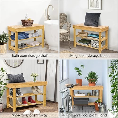 Miniatura 5 de BAMBUROBA Zapatero Banco de almacenamiento de bambú Organizador de entrada Estante organizador con cajón de almacenamiento en la parte superior,