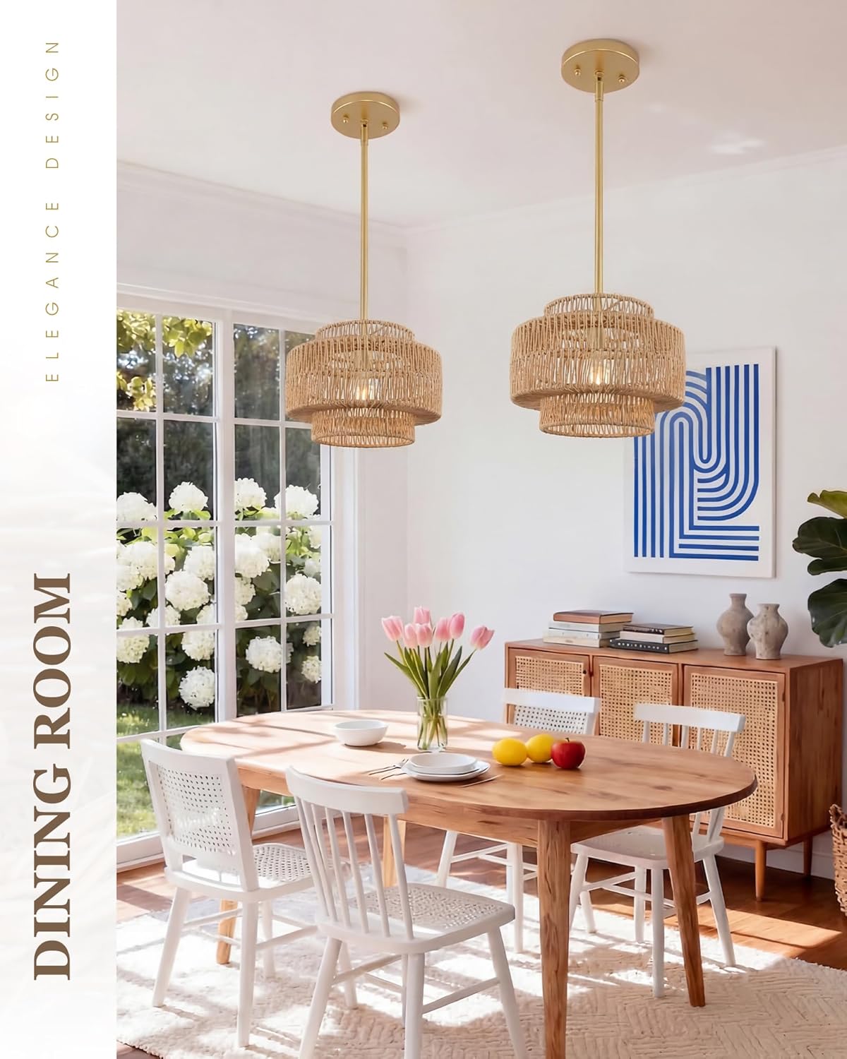 12.5" Boho Rattan Chandelier, 1-Light 3-Tier Hand Woven Pendant Light Fixture with Gold Finish, Natural Brown Hanging Light for Entryway Bedroom Hallway, Adjustable Height, AD-25050-1P-GD