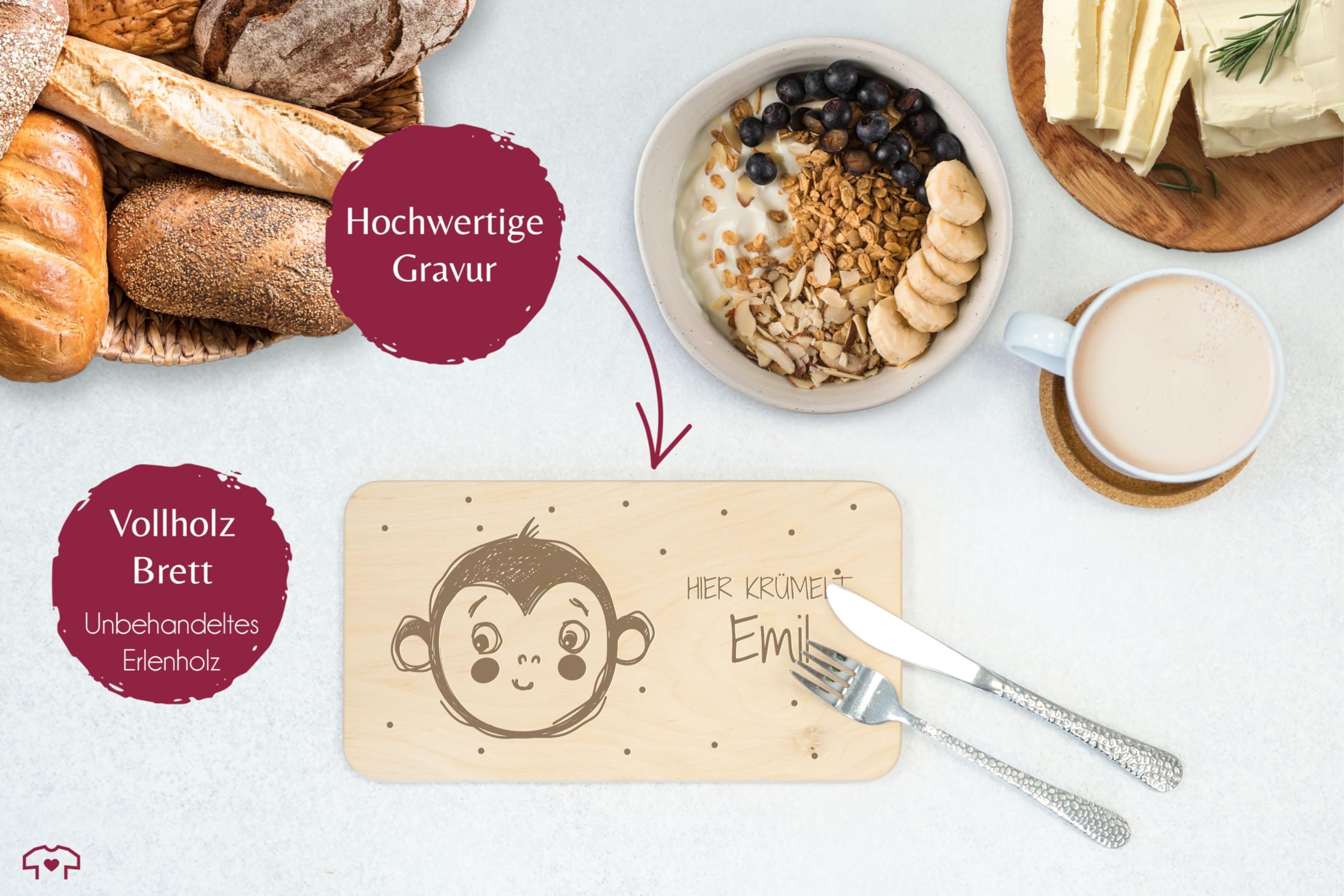 Personalisiertes Frühstücksbrettchen Für Kinder – Holzbrett Mit Affen-Motiv & Gravur, Geschenk Zur Taufe/Einschulung