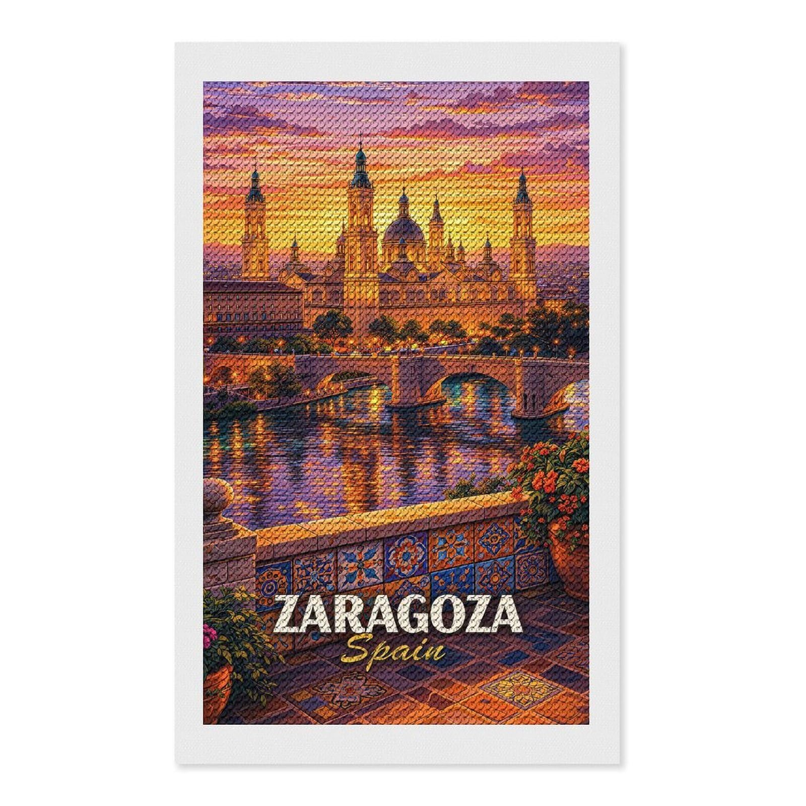 Junmoney Zaragoza Spain Cityscape at Sunset Crystal Diamond Art Kit 12"x20", Round Gems, Detailed Printed Canvas, Creative Gift Idea, Vintage Style Decor