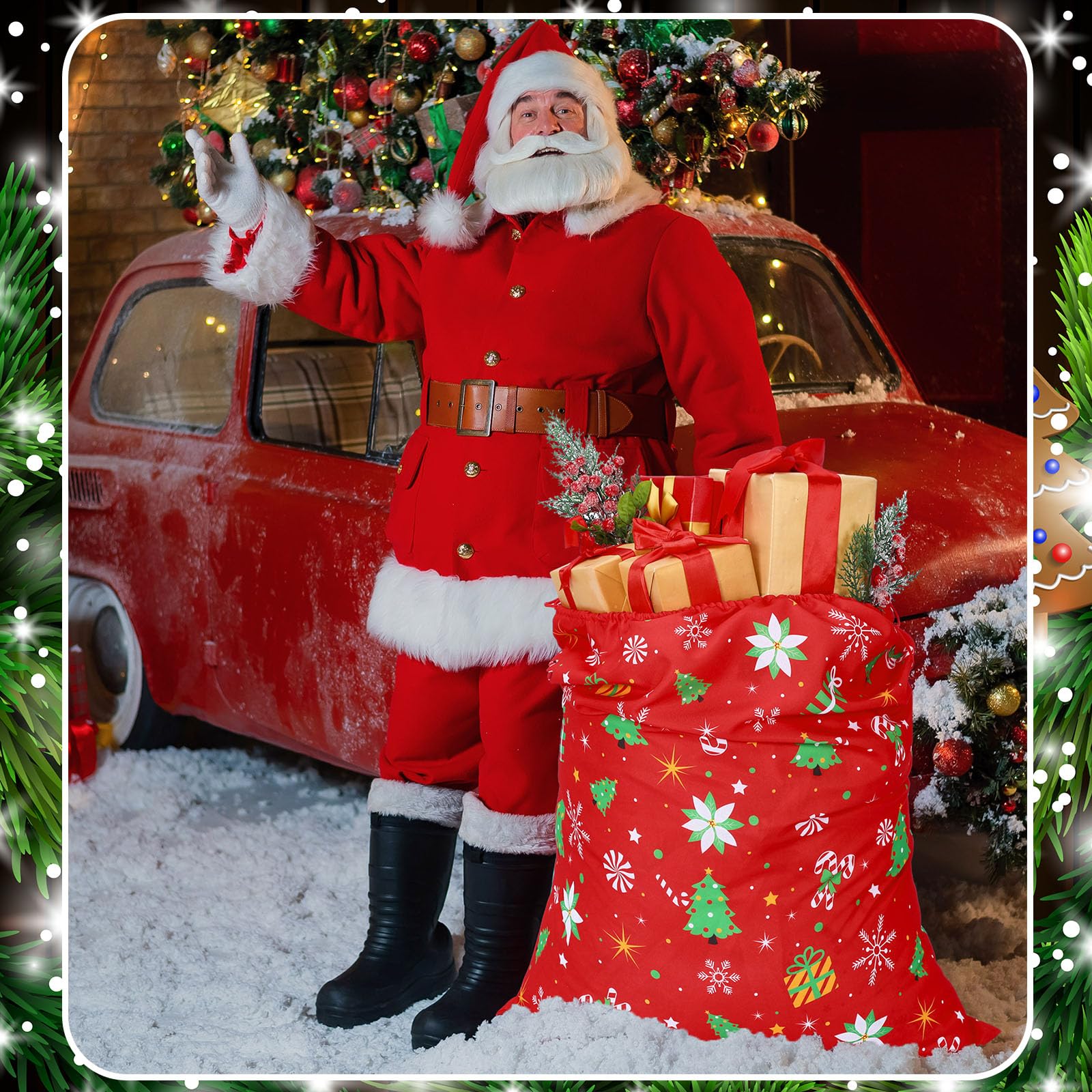 Hillban Extra großer Weihnachtsmann-Geschenksack mit Kordelzug, 91,4 x 68,6 cm, Weihnachtsmann-Tasche, Frohe Weihnachten, Geschenktasche für Spielzeug, Süßigkeiten, Leckereien, Aufbewahrung von