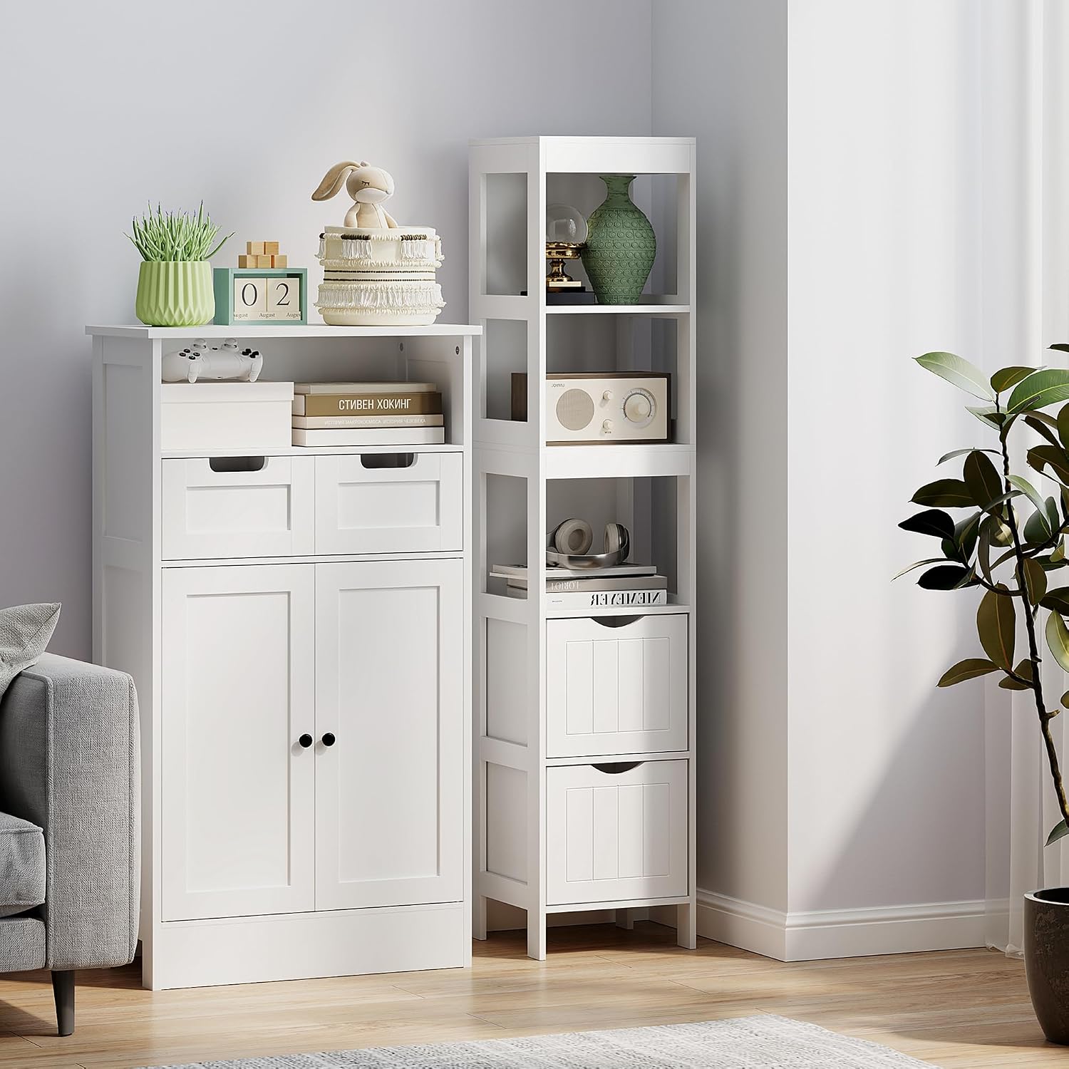 HOMCOM Narrow Bathroom Storage Cabinet, Bathroom Floor Cabinet with 2 Drawers & 3 Open Shelves, Freestanding Slim Storage Organizer for Small Spaces, White