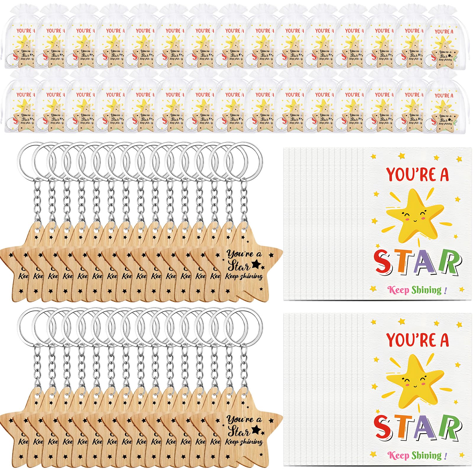 30Pack School Leaver Star Keyring Gifts Class End of Term Star Token Favor Teacher to Pupil Leaving Gift You're a Star Keep Shining End of Term Gifts for Students Wooden Token