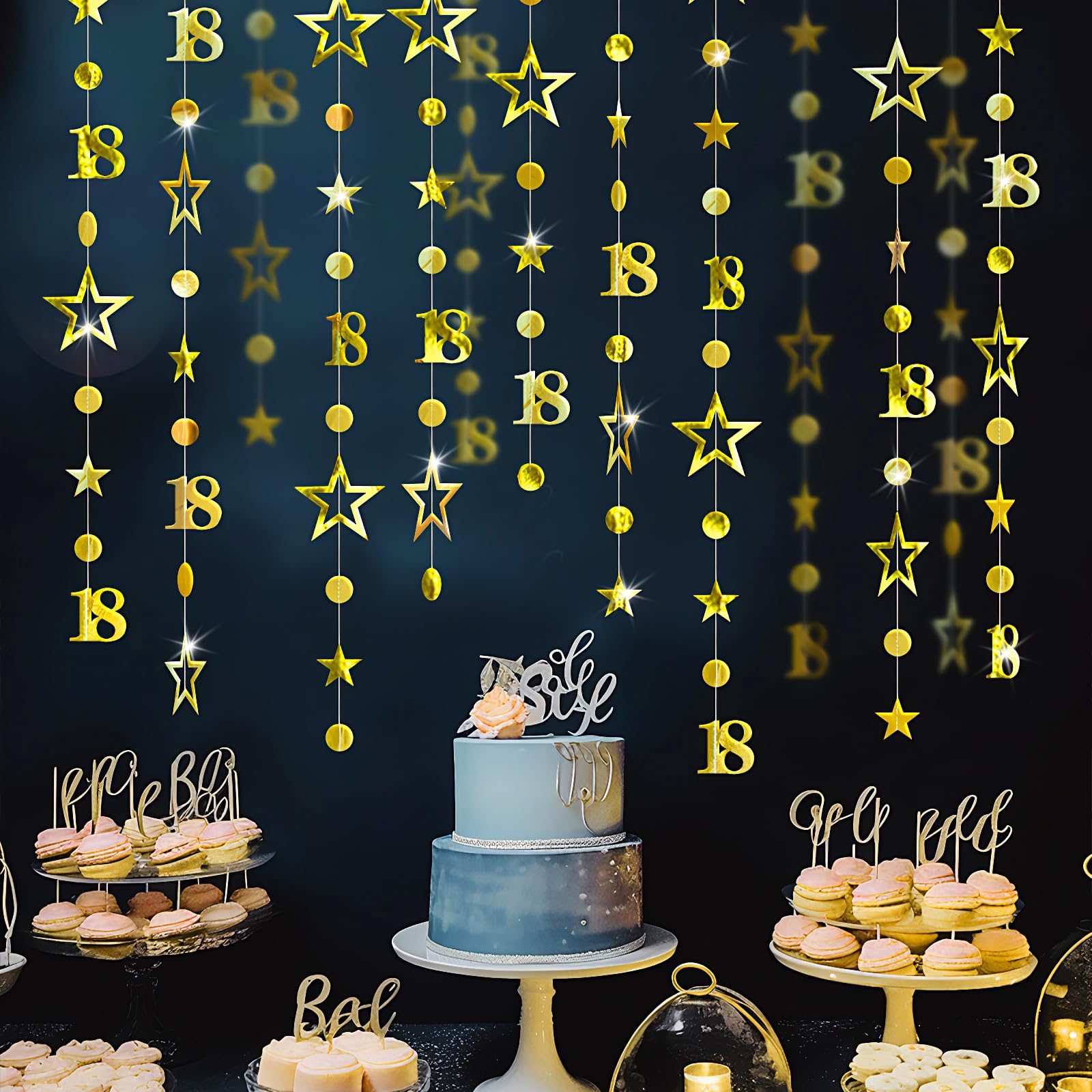 Zhiaek 12m 18th Birthday Decorations Gold 18th Birthday Banner Number 18 Circle Dot Star Garland Paper Decorations Hanging for Holiday Wedding Anniversary Theme Party Supplies