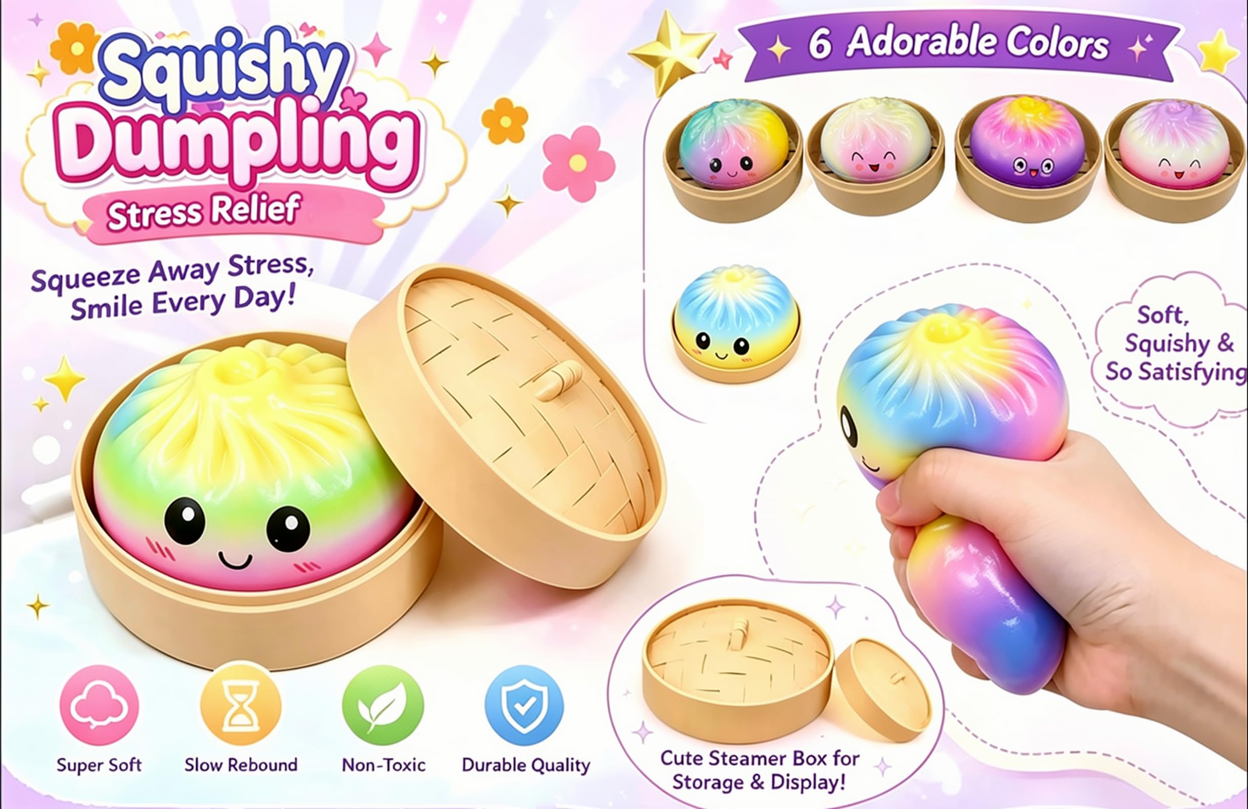 Photo 1 of Glitter Rainbow Dumpling Squeeze Fidget,Soft PU Stress Relief Squeeze Ball for Adults,Slow Rising Squishy, Cute Anxiety Relief Decompression,PU Materia Fidget for Office or Party Favor,1 Pack(B2)