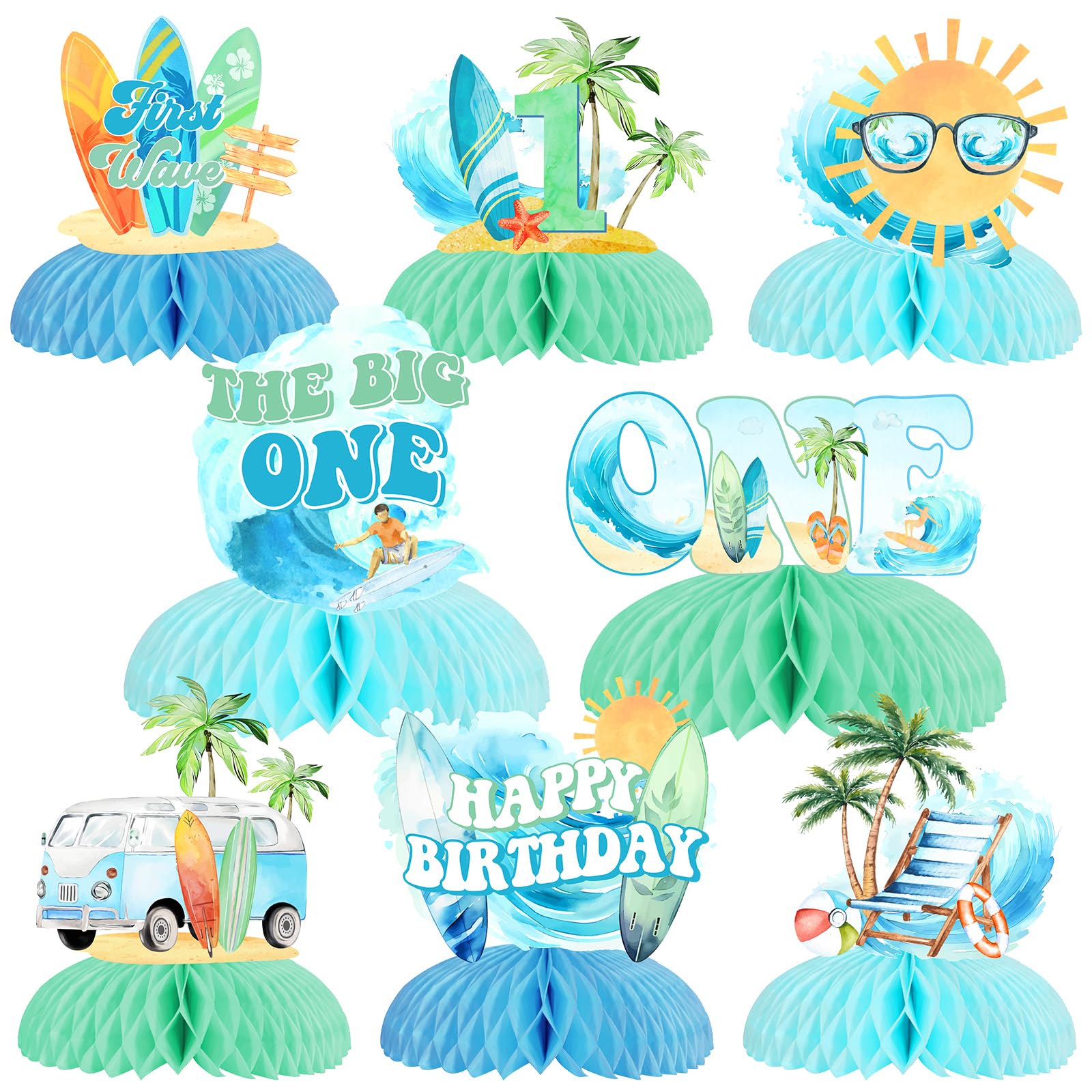 JOYMEMO Centrotavola A Nido D'Ape Per Festa Di Compleanno Surf – 8 Pezzi, Tema Blu E Verde
