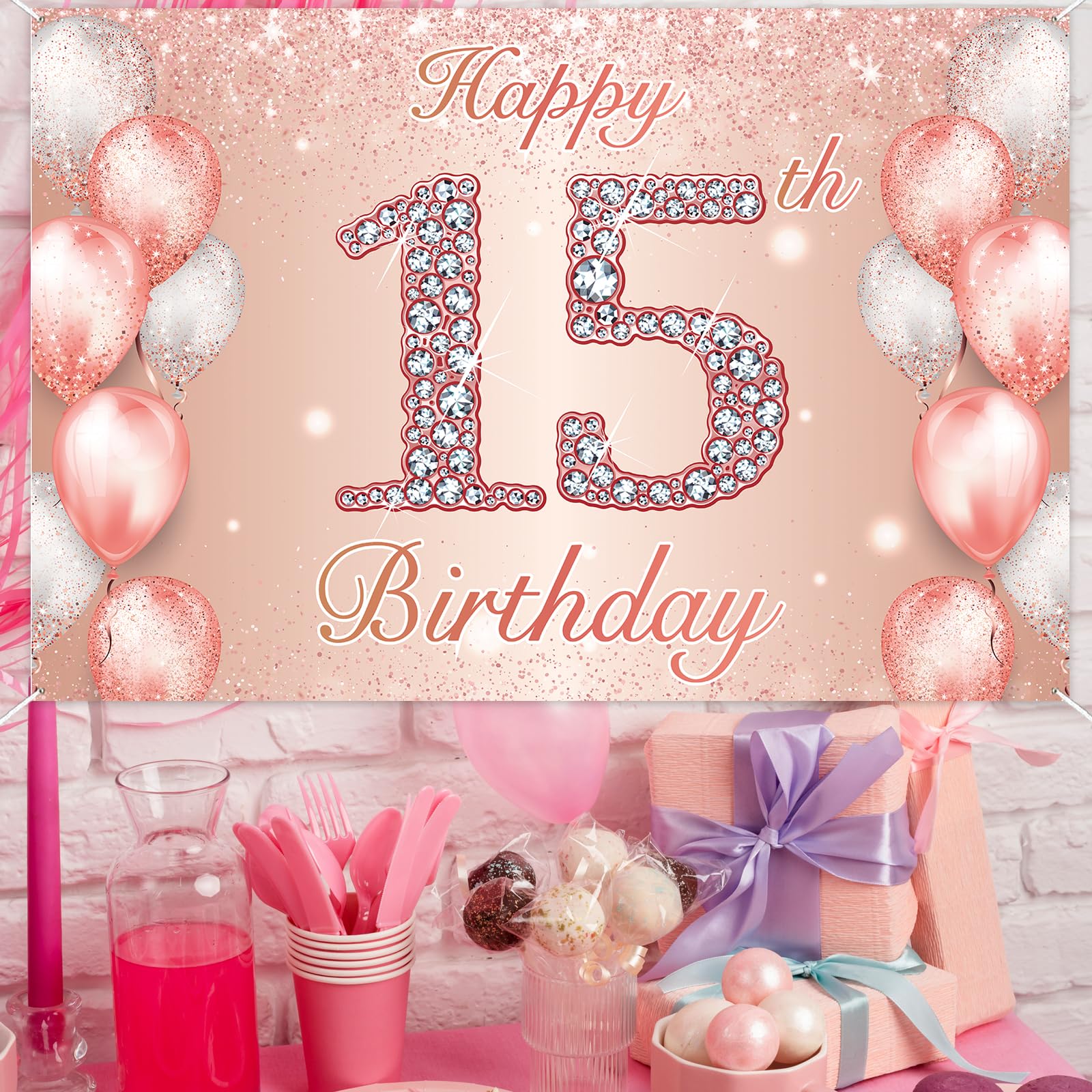 Happy 15th Birthday Banner In Roségold – Wimpelkette Für Mädchen Zum 15. Geburtstag