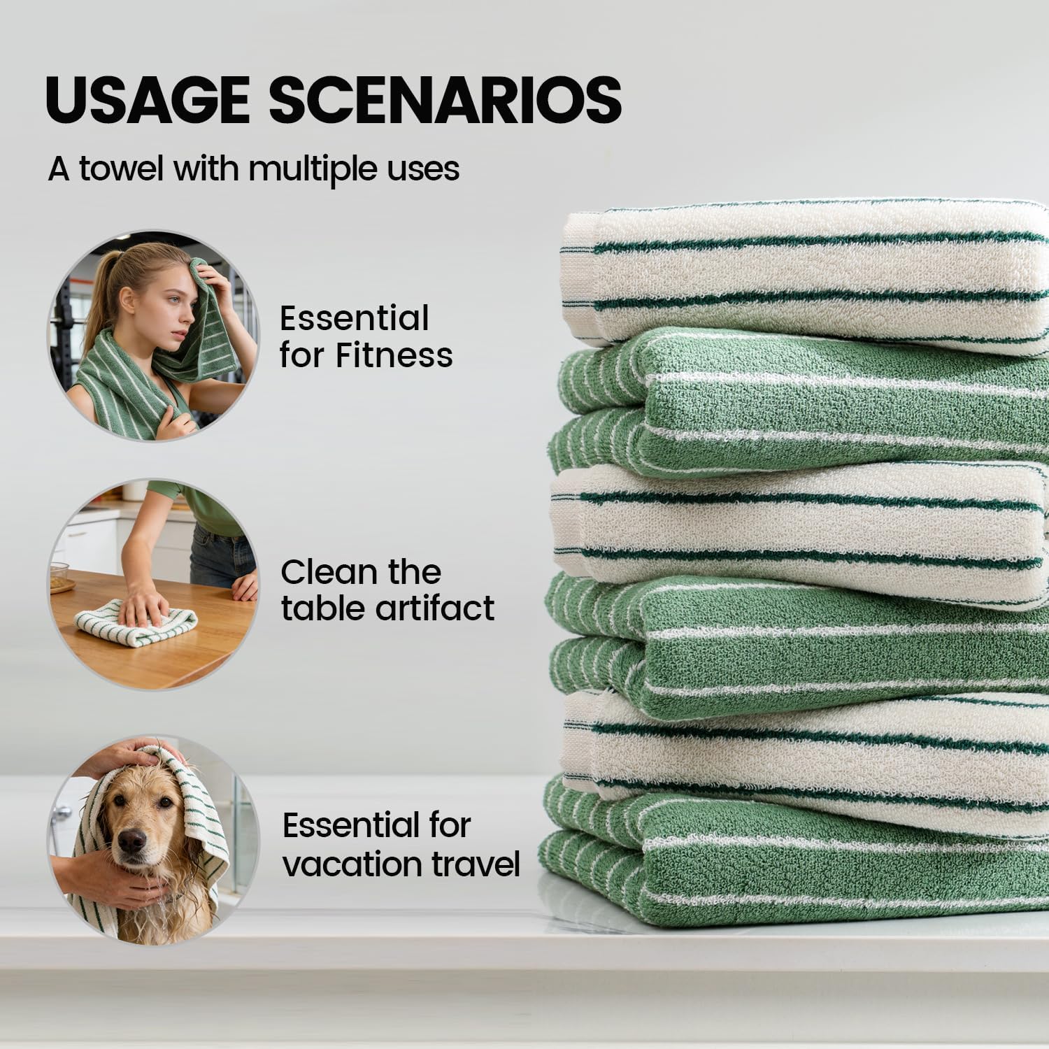 Green Stripe Towels Set of 6，Ultra-Absorbent & Quick-Drying Bathroom Hand Towels 100% Cotton Face Towels, Soft Hand Towels for Bathroom，13” x 29” - Image 6