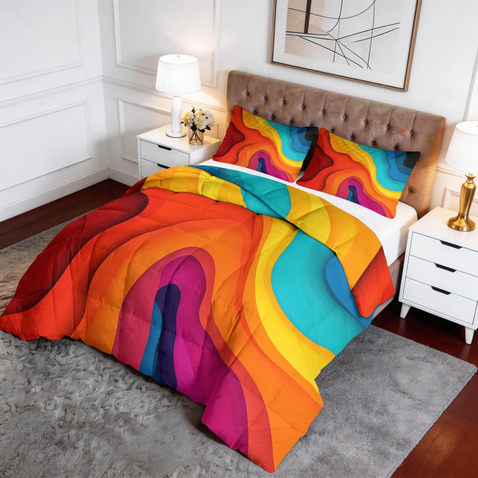 Kołdra bez poszewki 155 x 220 cm, kołdra na 4 pory roku – kolorowe fale, abstrakcyjny krój papieru, kołdra pikowana, czerwona, całoroczna – nadaje się do prania, ciepła i miękka pościel z 2 poszewkami