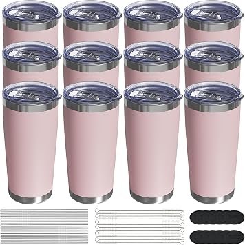 Travel Coffee Tumbler 20oz, 12 Pack Leakproof Travel Coffee Mug with Lid and Straw, Stainless Steel Double Wall Vacuum Insulated Tumbler for Hot/Iced Drinks Textured Matte, Soft Pink