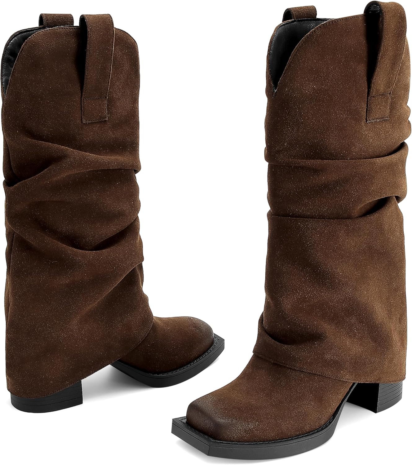 Suede Fold over Boots Square Toe Chunky Block Heel Mid Calf Boots Pull on Cowboy Cowgirl Western Slouchy Ankle Booties - Image 6