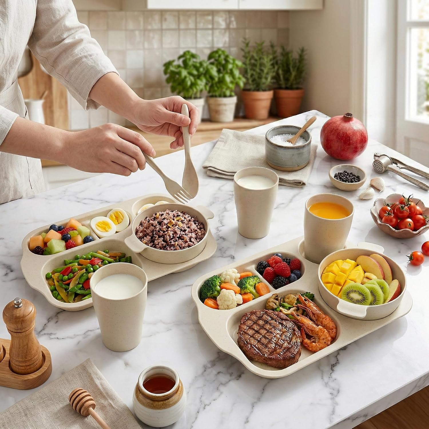 24 PCS Wheat Straw Dinnerware Set for Adult Kids Plates and Bowls Sets | Divided Kids Plates Bowls Cup Cutlery Sets, Reusable Children Tableware Set Microwave Dishwasher Safe for School Party Home