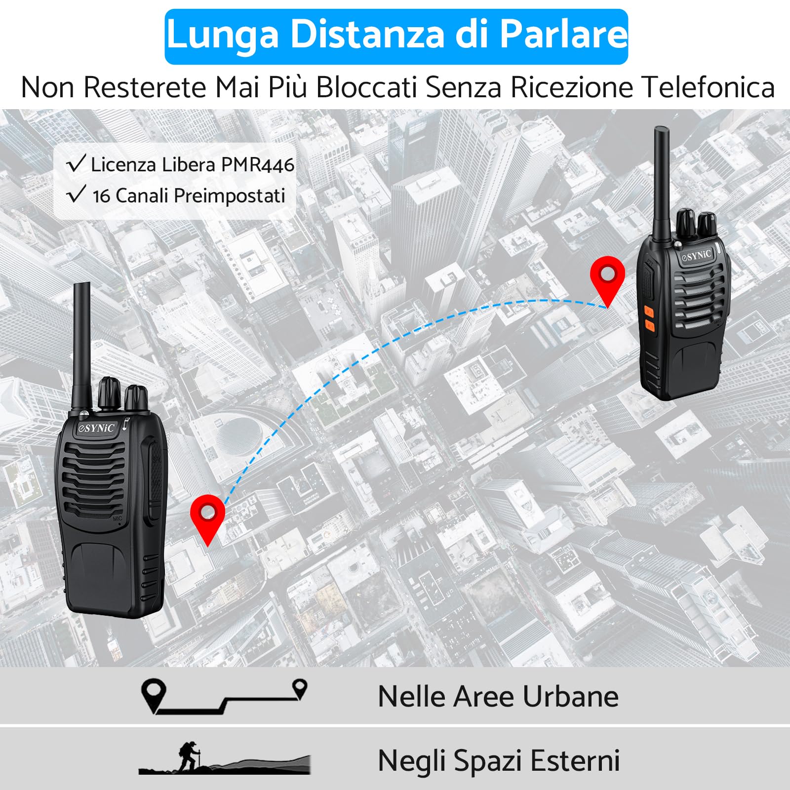 ESYNiC 6 Pezzi Walkie Talkie Radio USB Ricaricabile PMR 446MHz VOX Ricetrasmittente Portatile 16 Canali Singola Banda Walkie-Talkie Professionali con Cavo Auricolari Funzione Torcia Elettrica