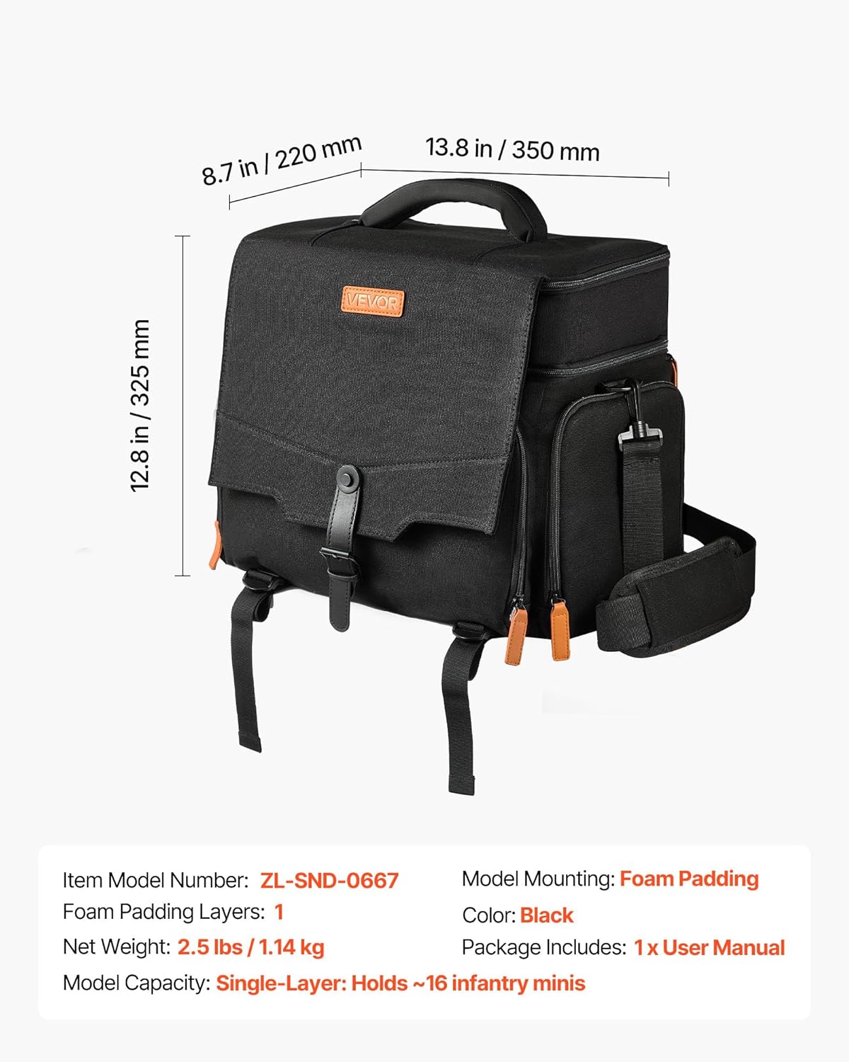 VEVOR Miniature Storage Carrying Figure Bag, Fits 16 Infantry Minis, Miniature Transport Bag with Handle & Adjustable Shoulder Strap, 1 Foam Layer for Large Storage Capacity (Minis Not Included)