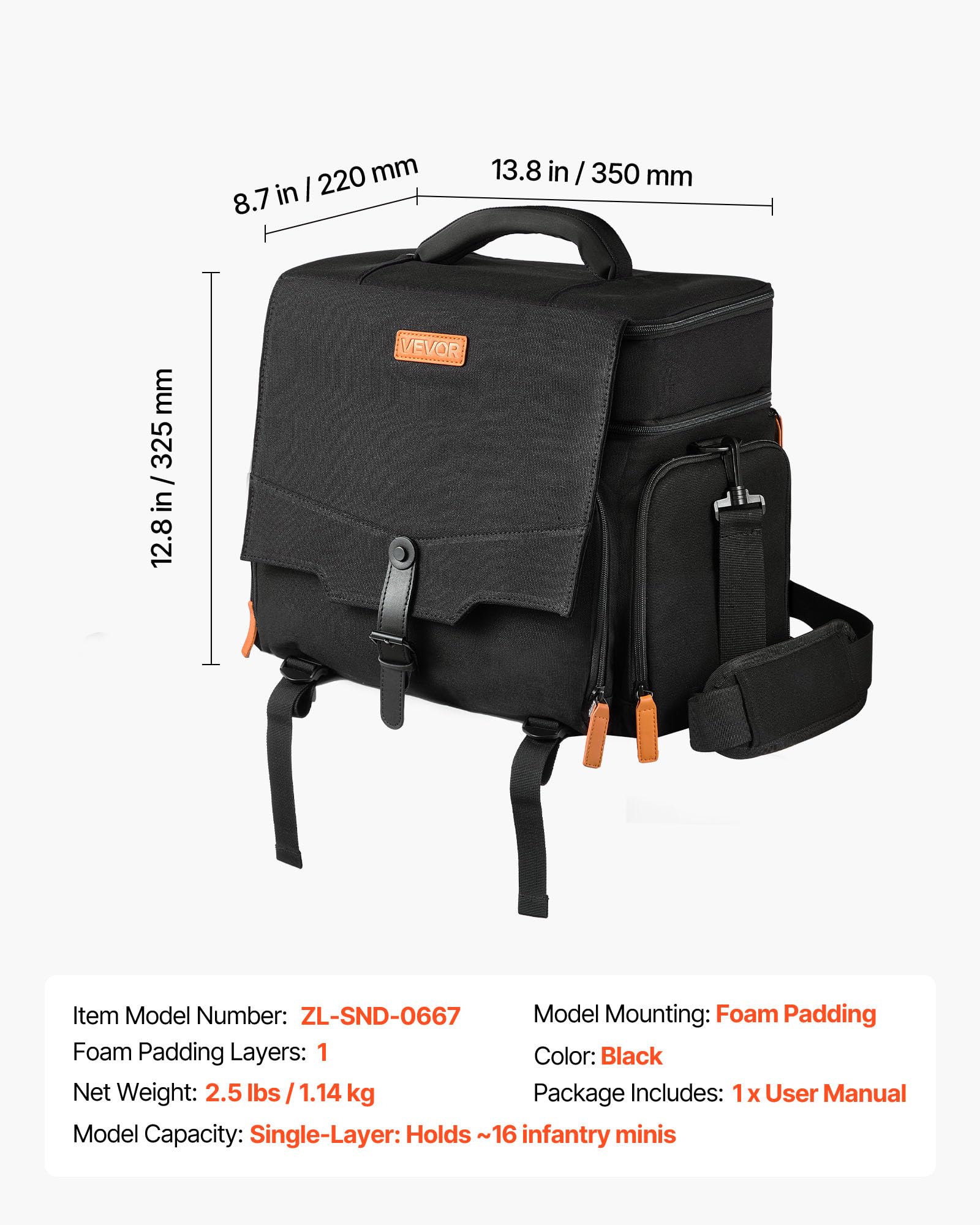 VEVOR Bolsa de Transporte, con Capacidad para 16 Miniaturas de Infantería, Asa y Correa de Hombro Ajustable, 1 Capa de Espuma para Mayor Capacidad, Miniaturas no Incluidas, 350 x 220 x 325 mm