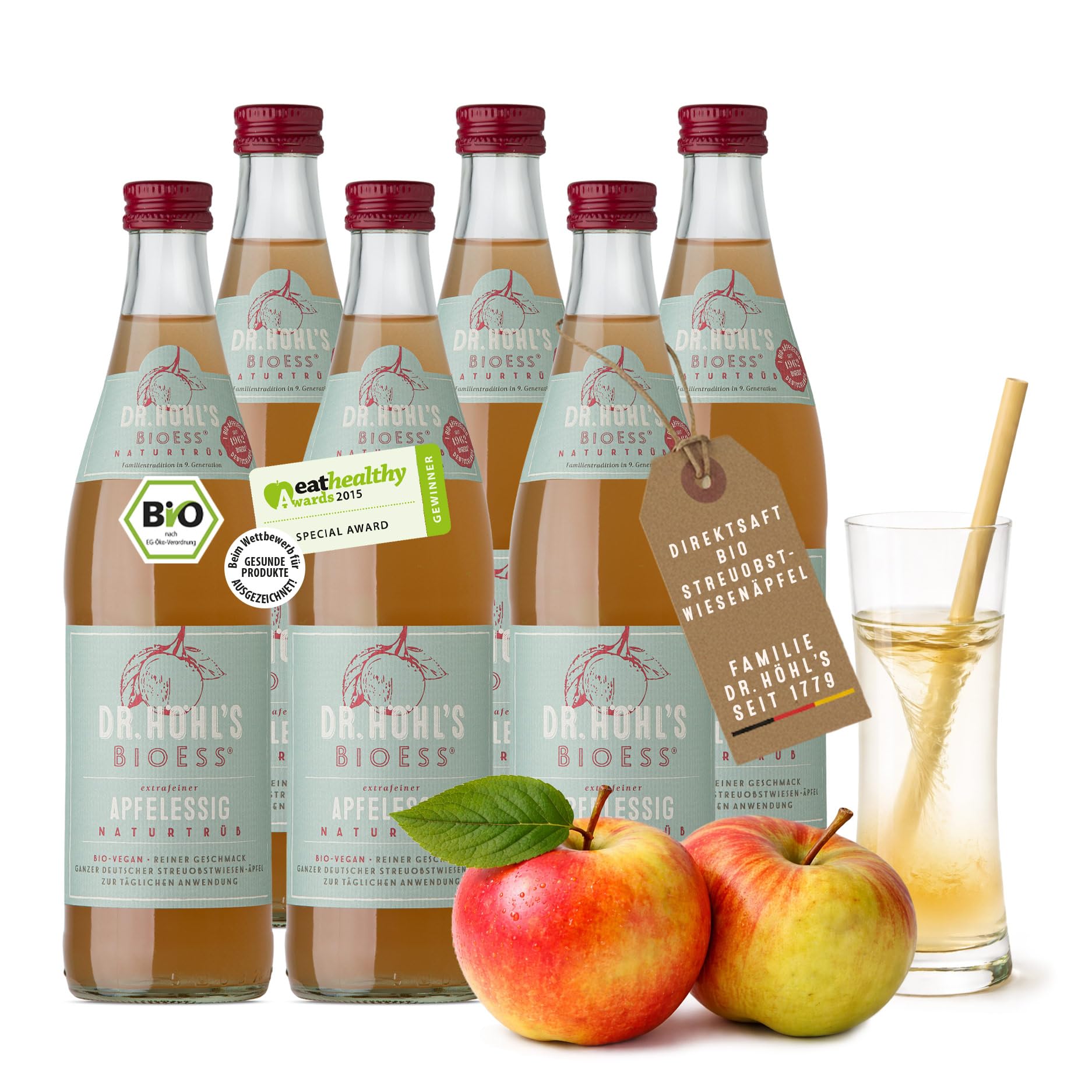 Vinagre de manzana ecológico sin filtrar en pack de 6 botellas, con sedimentos naturales, elaborado con manzanas enteras procedentes de huertos alemanes, vegano, BioEss, desde 1962 (6 x 500 ml).