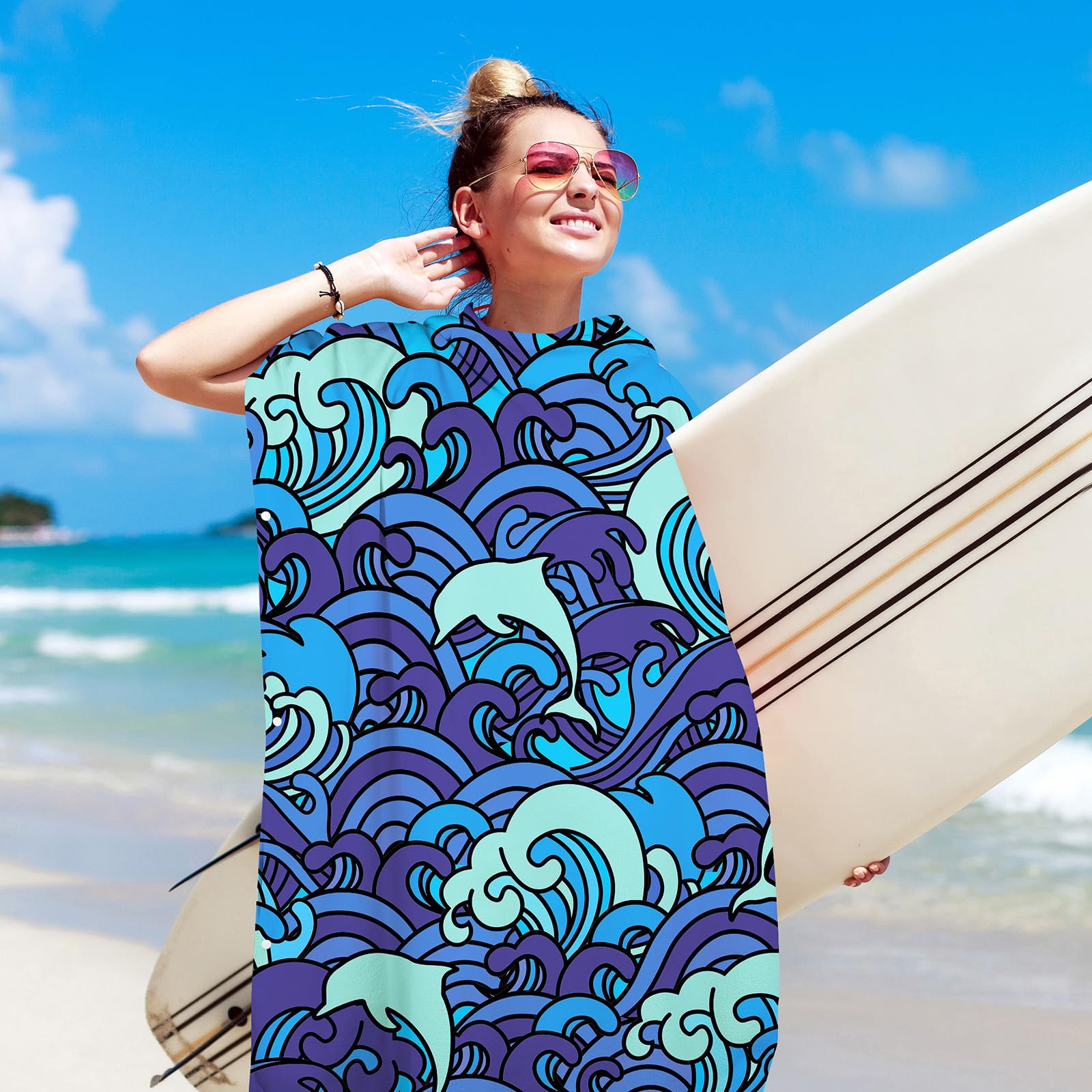 Surf Poncho con Cappuccio Asciugamano Microfibra,Adulto Cambiarsi Accappatoio 90x105cm,Telo da Bagno Asciugatura Rapida Assorbente,per Nuoto,Spiaggia e Viaggio(Onde Blu)
