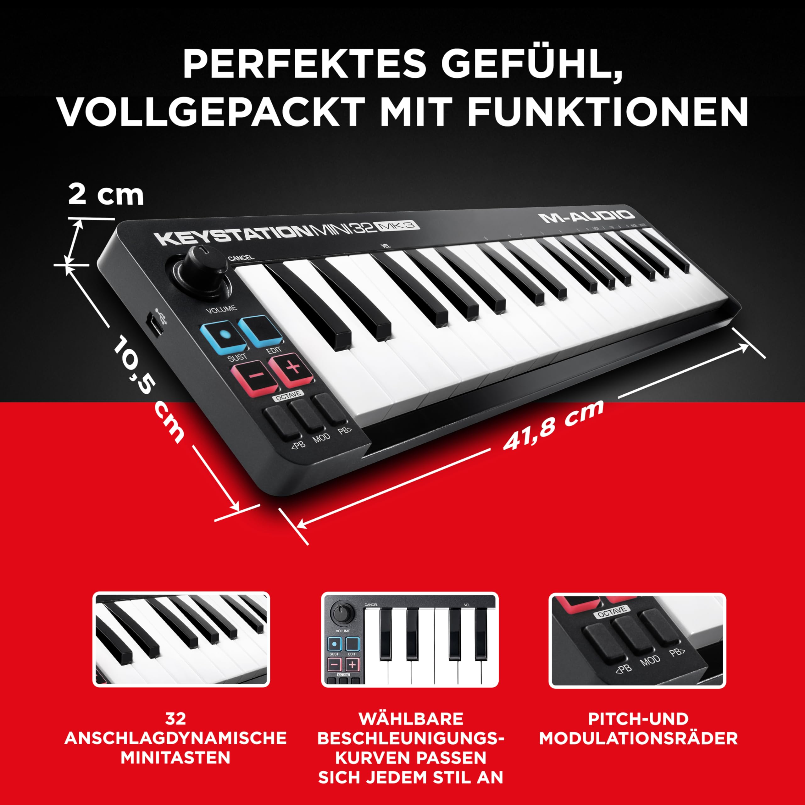 M-AUDIO Keystation Mini 32 MK3 - Ultra-Portabler Mini USB MIDI Keyboard Controller mit MPC Beats