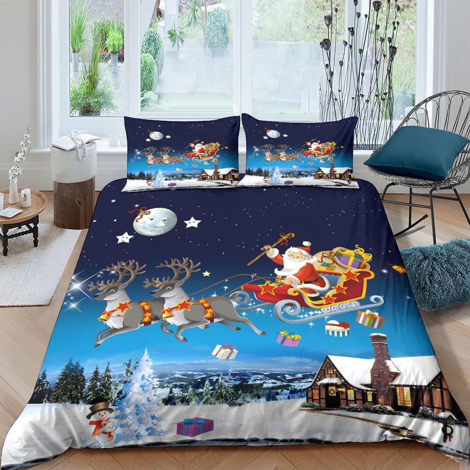 Ctjqhvkz Style-4 3D Printed Santa Sleigh Night Sky Fitted Sheet Microfiber Soft Christmas Village Mattress Cover For Bedroom Home Decor Single（135X200cm）