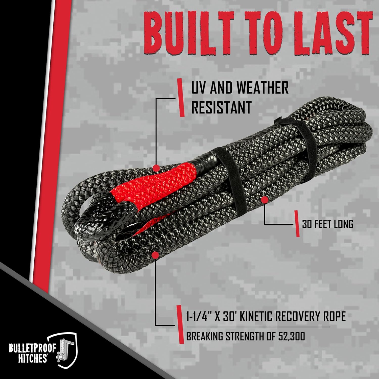 BulletProof Hitches - 1/4" x 30' Kinetic Recovery Rope with 52,300 lbs Breaking Strength - Kinetic Rope for Towing & Recovery of Tractors, Motorhomes, and Class 3 Trucks