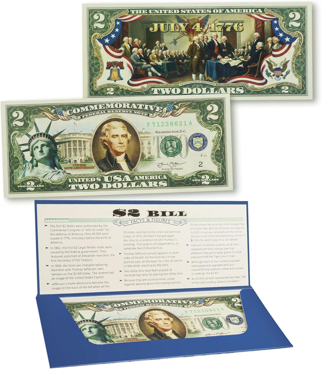 250th Anniversary Collectible $2 Bill Semiquincentennial Independence Day 2 Dollar Bill Uncirculated Declaration of Independence Commemorative 250th, 250 Anniversary Coin Replica