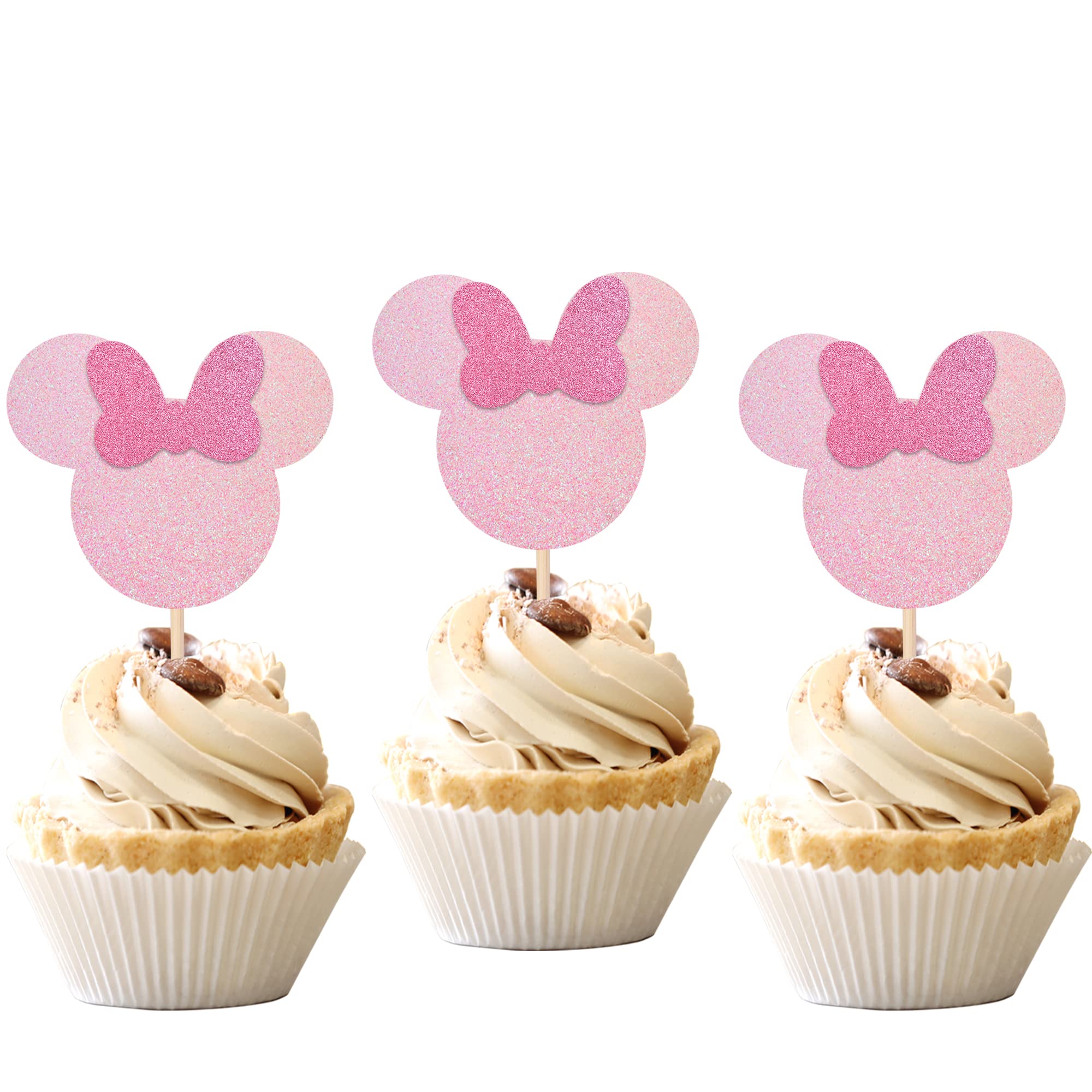 24 PCS Mouse Inspired Cupcake Toppers with Pink Bow Glitter Mini Cupcake Picks Baby Shower Wedding Kids Birthday Party Cake Decorations Supplies Pink