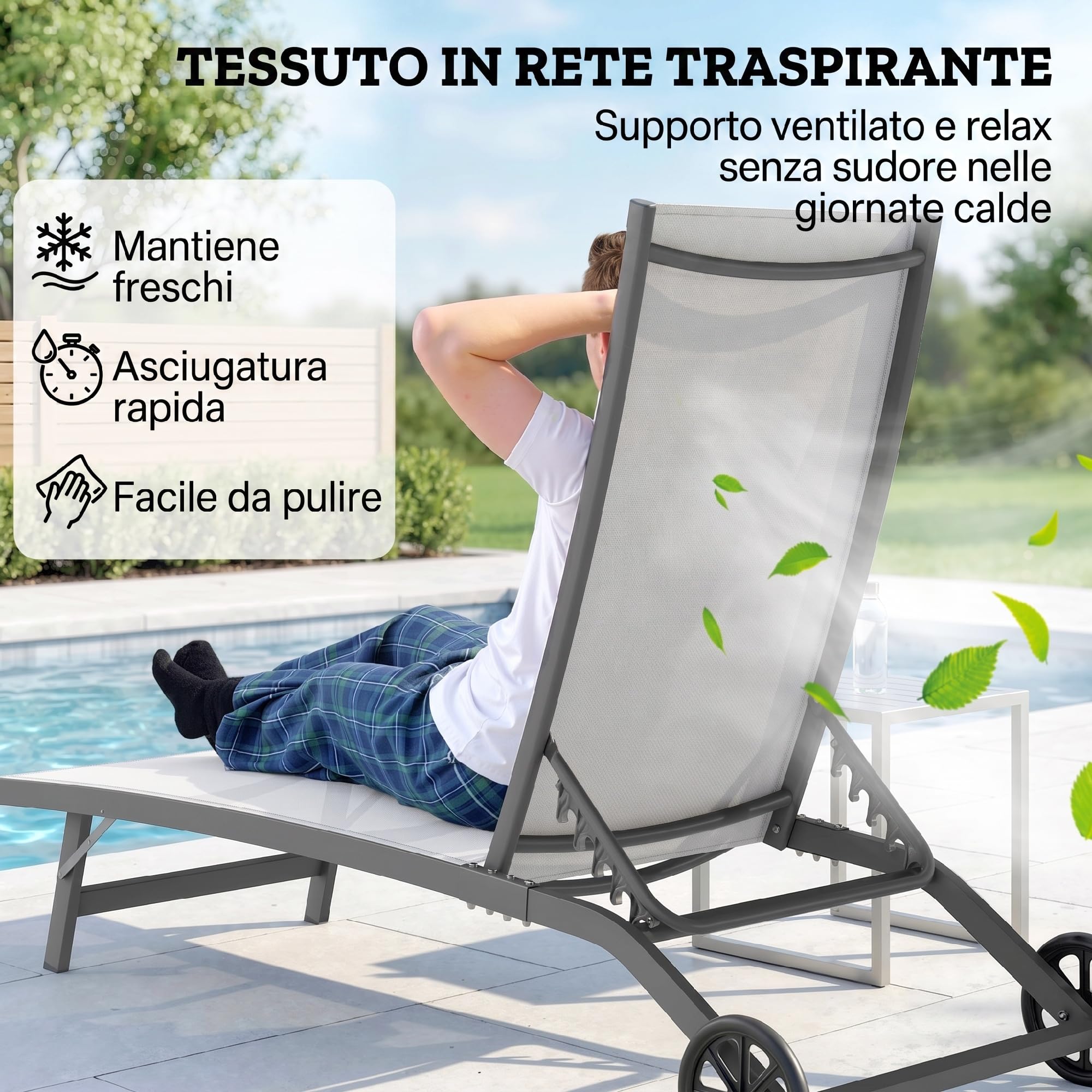 Outsunny Set di 2 Lettini Prendisole da Giardino 66x165x102cm Crema | Ruote, Schienale Regolabile 5 Livelli, Sdraio da Giardino in Alluminio e Texteline, Spiaggia, Piscina