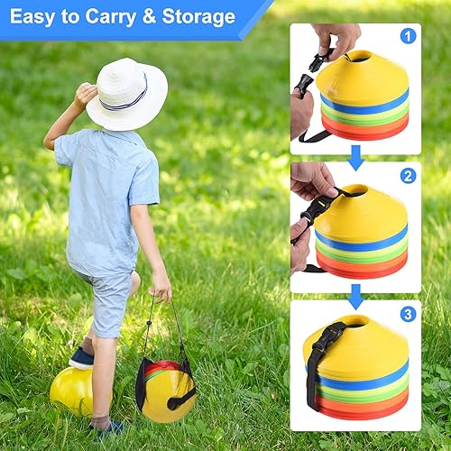 Miniatura 7 de PATIKIL Paquete de 96 conos de fútbol para entrenamiento de agilidad, pequeños conos para aula, mini conos de fútbol con correa, conos de