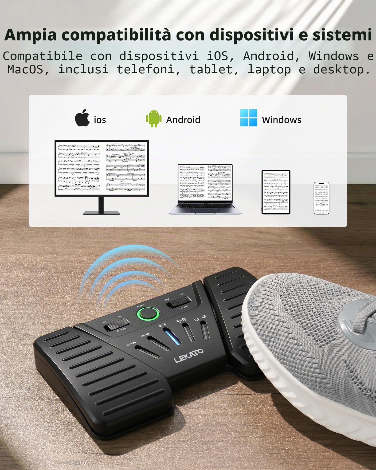 LEKATO Pedale Voltapagina Bluetooth Ricaricabile per Tablet Smartphone, 5 Modalità