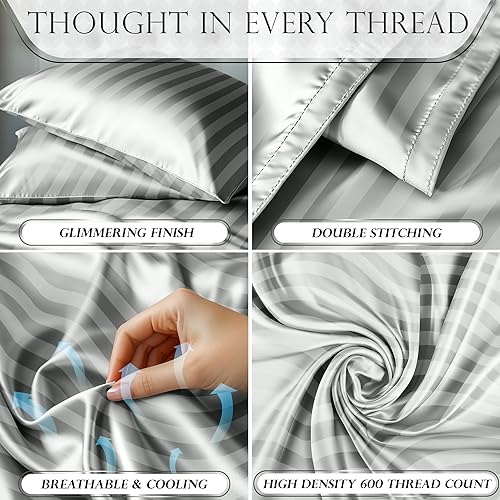 Miniatura 3 de DECOLURE Juego de sábanas de satén a rayas King de 6 piezas, cómodas sábanas de satén de lujo con sensación de seda, elegantes, sedosas, suaves,
