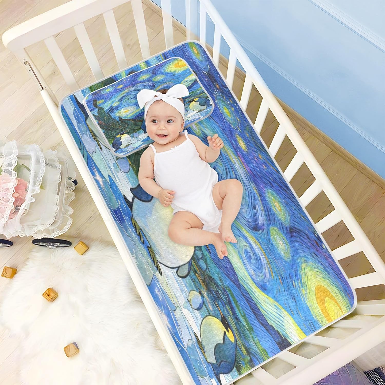 Cooling Baby Waterproof Crib Mattress Cover 28" x 52" Ultra Soft Starry Night Penguins Pads for Bed for Baby&Toddler