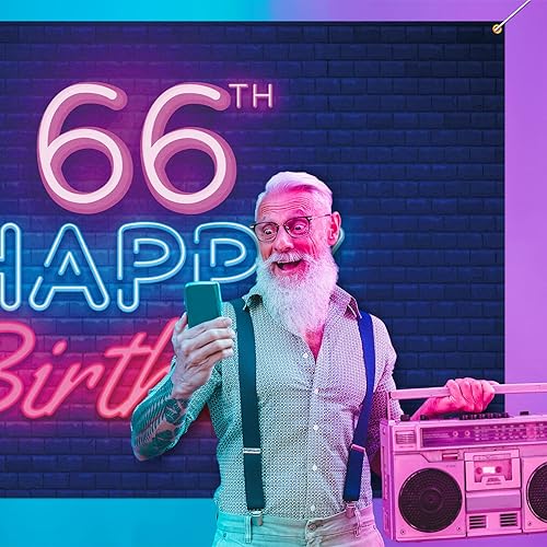 Miniatura 3 de Cartel de fondo de neón brillante con texto en inglés "Happy 66th Birthday", decoración temática de fiesta de cumpleaños de 66 años para hombres y