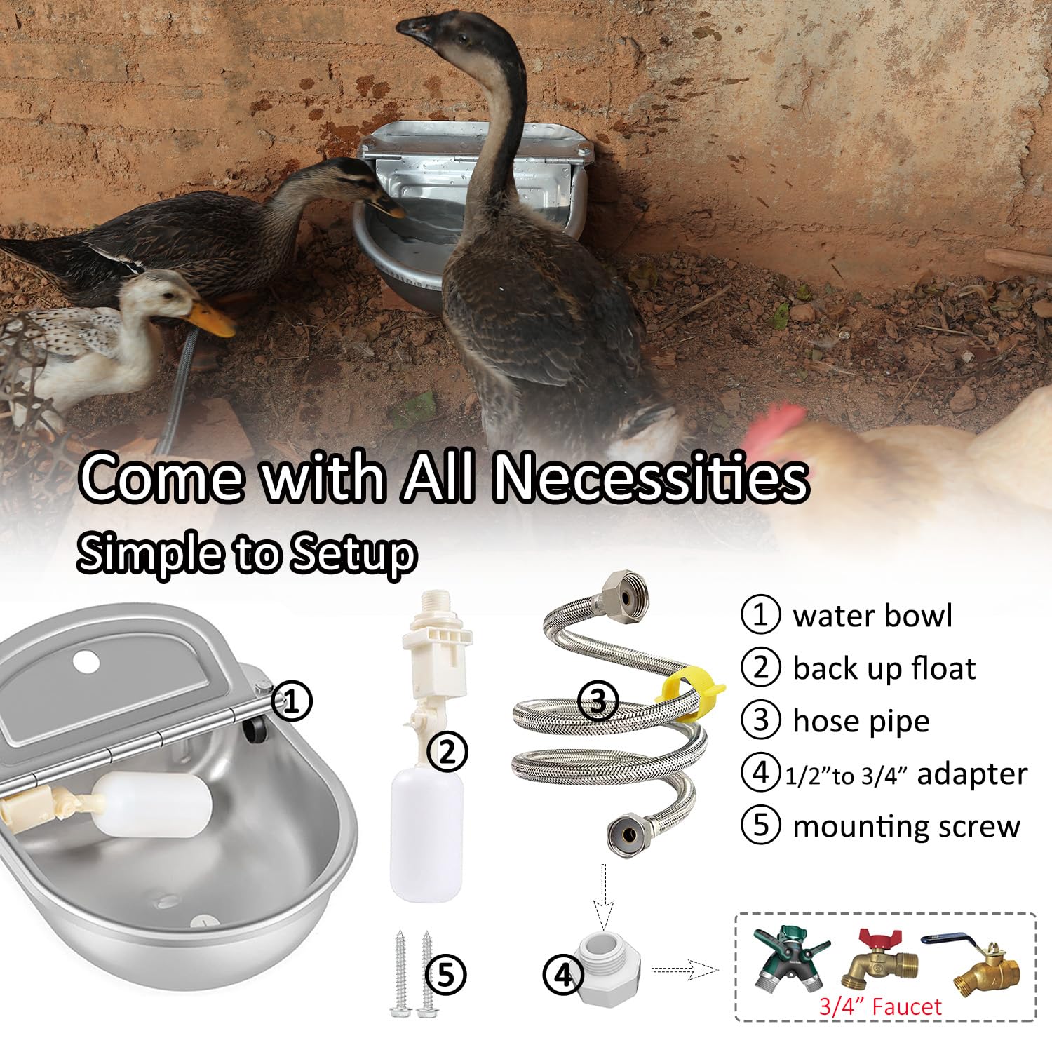 Distributore automatico di acqua per cani Dispenser per ciotola d'acqua di grandi dimensioni in acciaio inossidabile Alimentatore per abbeveratoio automatico per pollame e bestiame