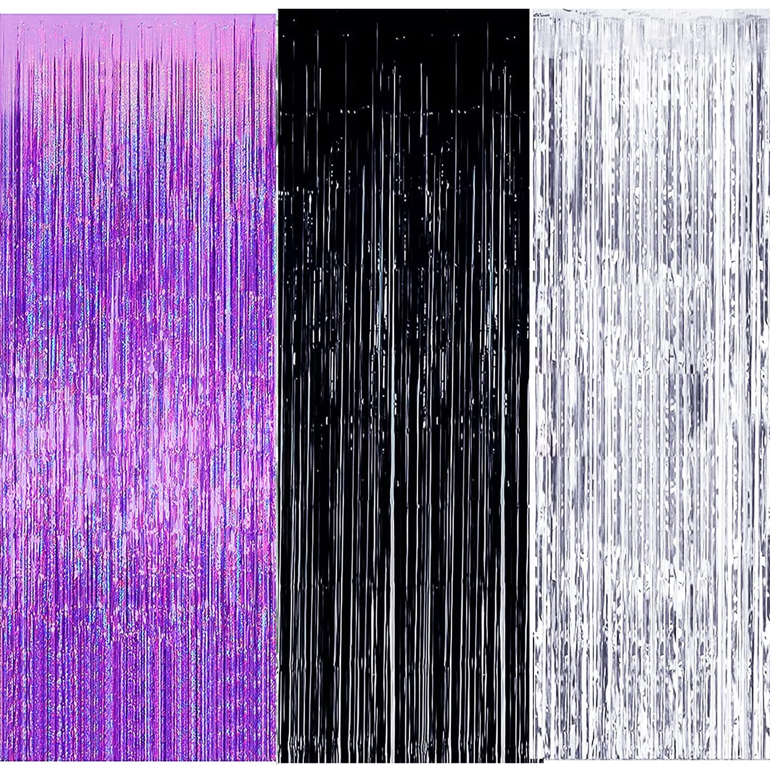 Qian's Party 2021 Graduation Party Decorations Purple Silver Black Foil Fringe Curtains Backdrop Sparkle Metallic Foil Curtains for Women Birthday Party/Purple 2021 Gradaution Party Photo Booth Props Decoration