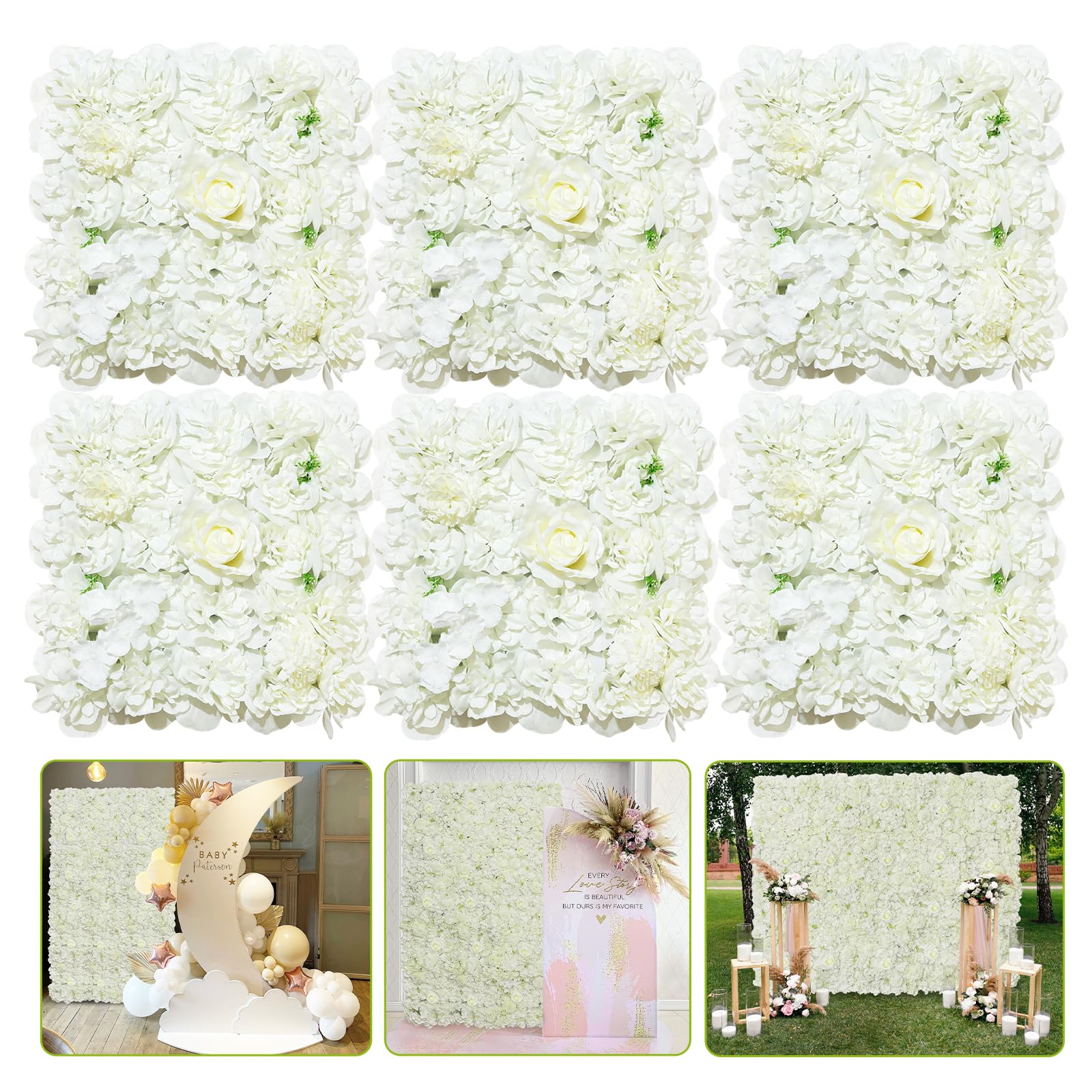 6 Pack White Flower Wall Backdrop 15 x 15 Inch Fake Flower Wall Panels Artificial Floral Backdrop for Weeding Party Baby Bridal Shower Background Decoration