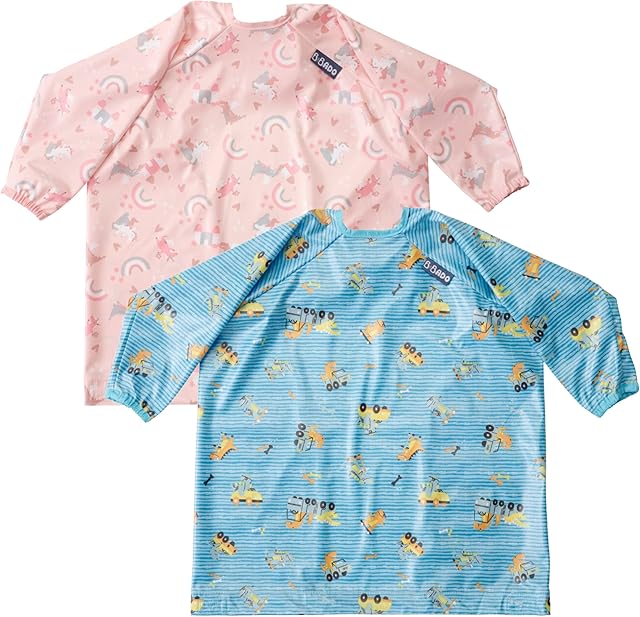 BIBaDO - 2-Pack Baby & Toddler Feeding Coverall Bib, Baby Led Weaning Bib, Long Sleeve Bib, Easy to Clean Baby Bibs for Eating, Adjustable High Chair Catch All Sleeved Bibs, Designed for Home & Travel