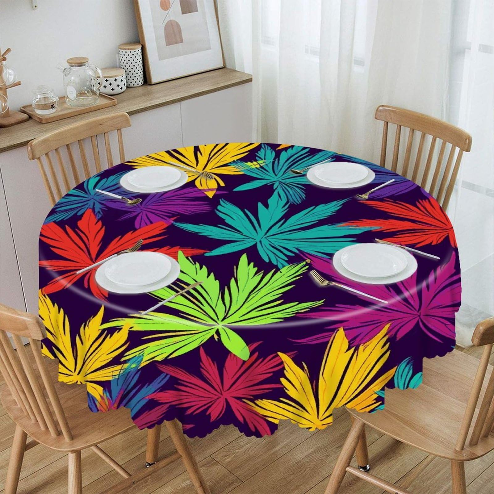 FekiLoot Bright Colorful Weed Pattern Round Tablecloth 60 Inch Waterproof Heavy Duty Table Cloth Spillproof Washable Table Cover Wrinkle Resistant Tablecloths Decorative Table Cloths