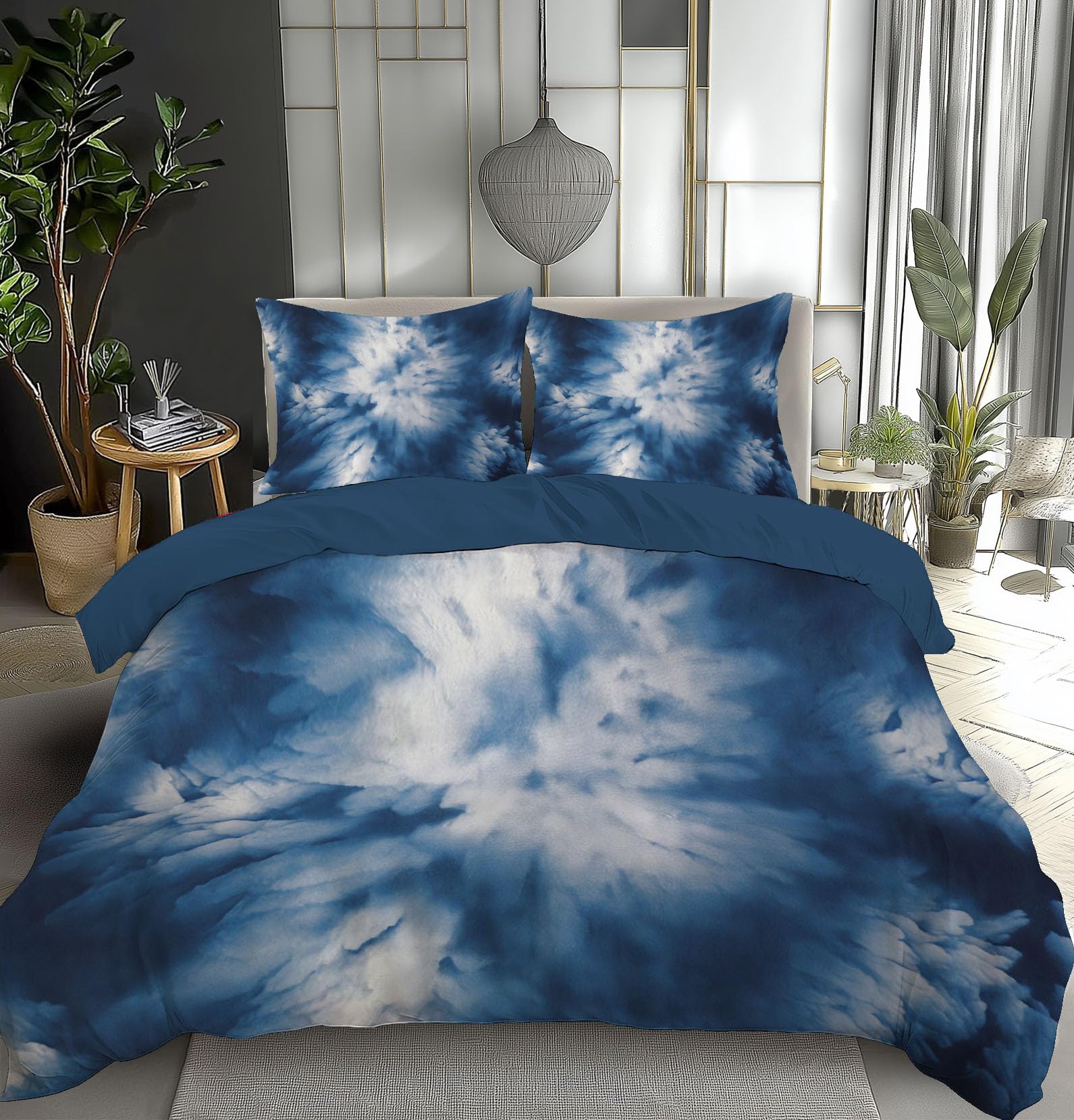 Parure de lit 220x240cm haut de gamme motif paysage 3D art indigo en microfibre