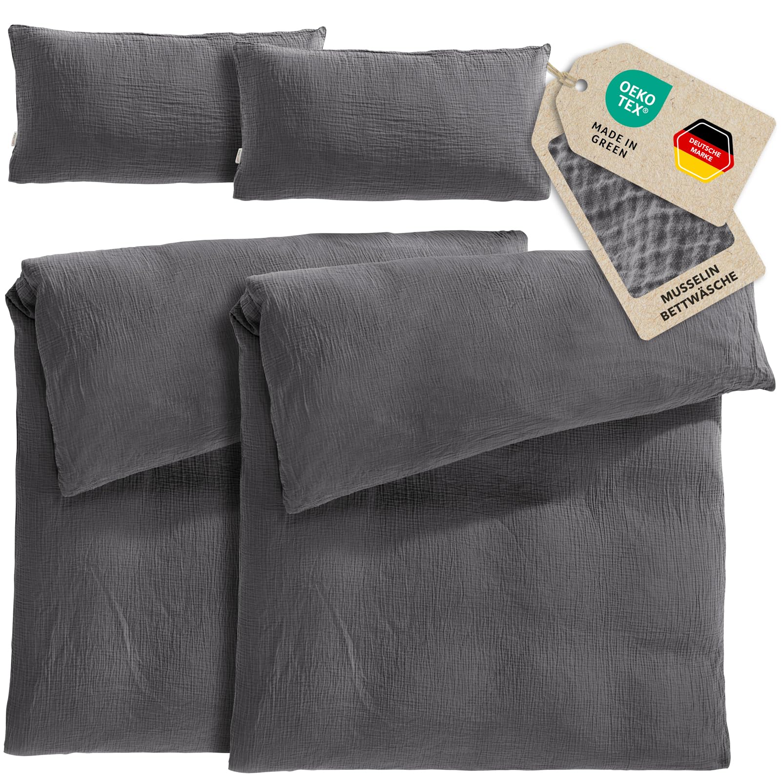 Pure Label Musselin Bettwäsche 4tlg 2x135x200+2x40x80 - Anthrazit