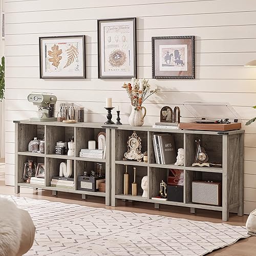 Miniatura 3 de Estantería rústica de 6 cubos, estante organizador de madera de roble gris rústico, estantería de pasillo de 47 pulgadas, gabinete de almacenamiento