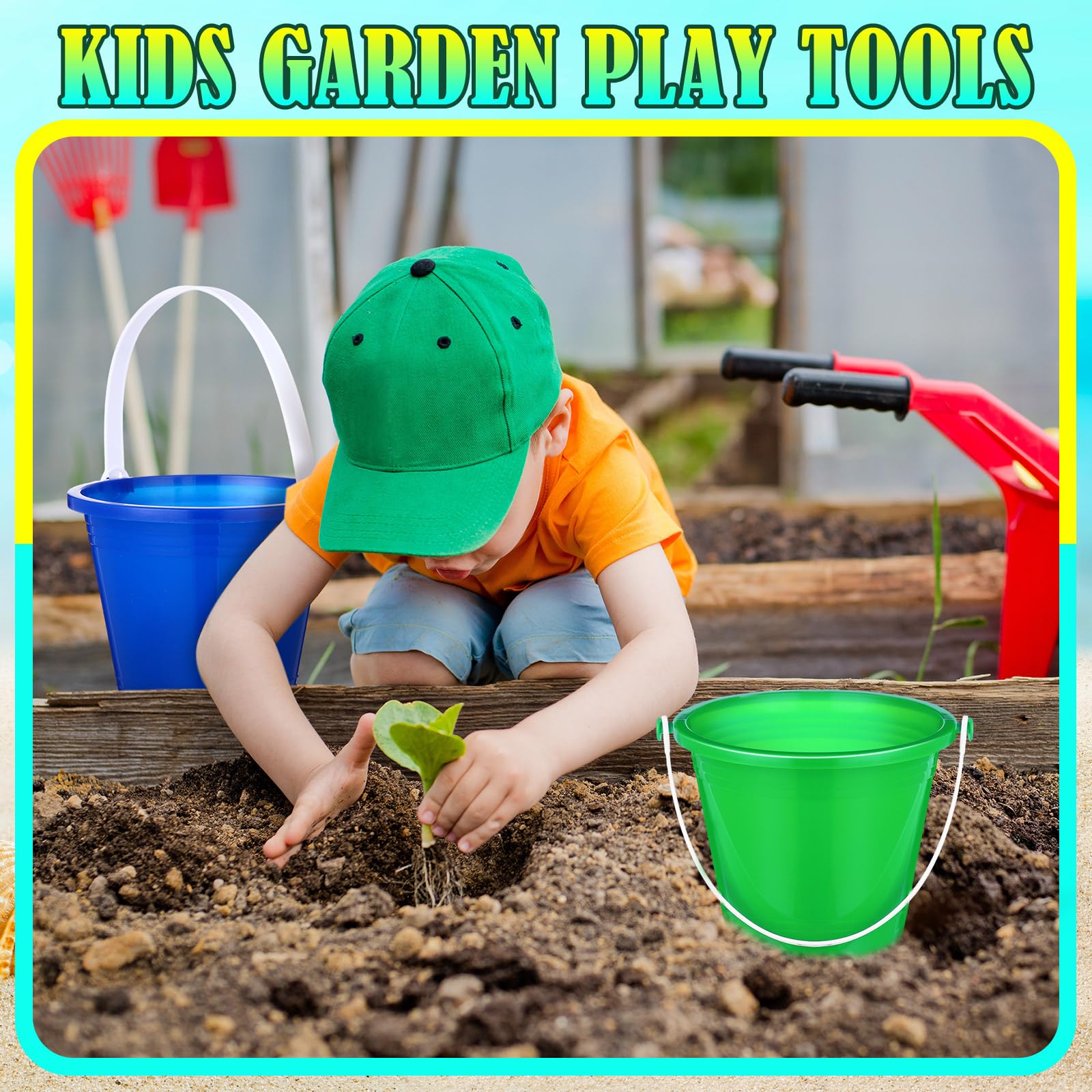 Halloscume 9 Pcs Garden Tools for Kids Beach Pails Metal Beach Sand Toy Set with Wooden Handle Sandbox Toy Include Bucket Spoon Fork Trowel Rake Shovel for Boys Girls - Image 6