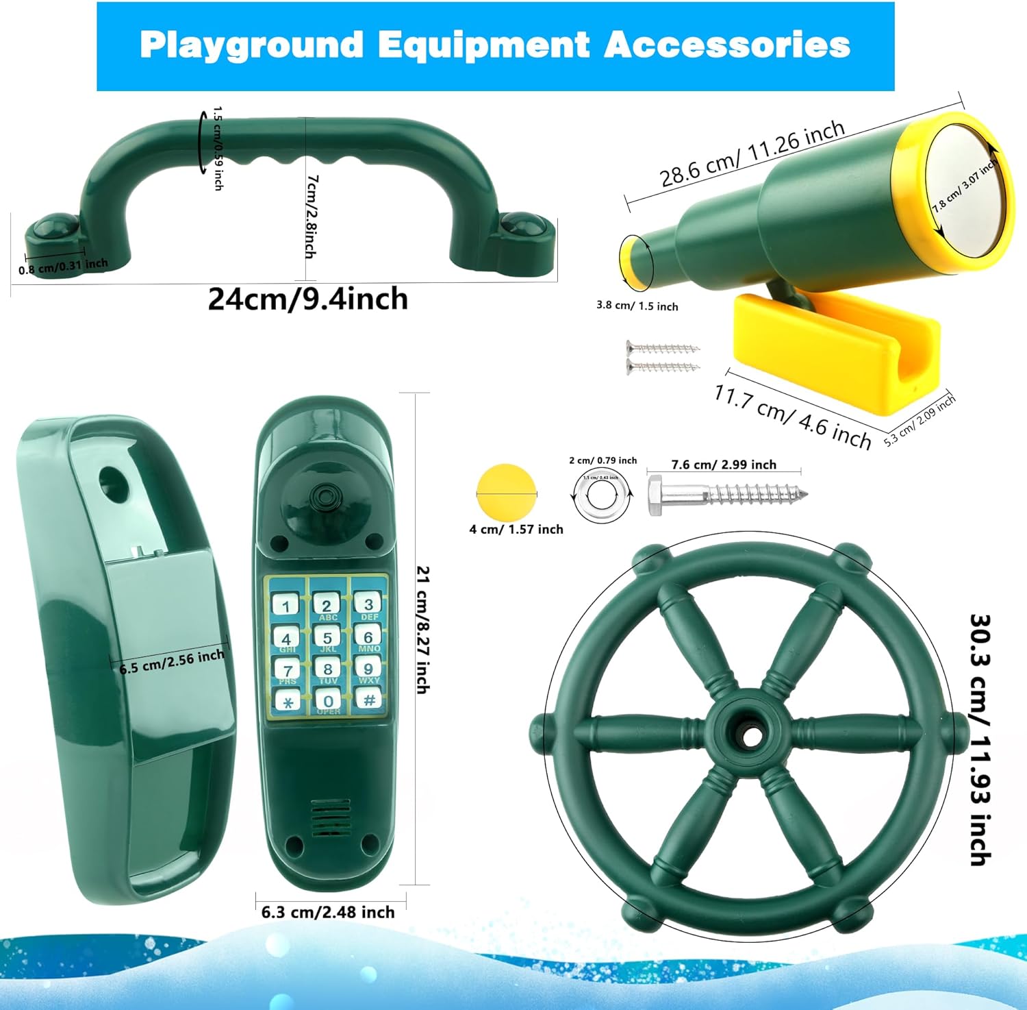 5 Pcs Kids Playground Accessories Outdoor Plastic Steering Wheel Safety Handle Phone Pirate Telescope Telephone for Child Backyard Tree House Playhouse Jungle Gym (Green Set 1)